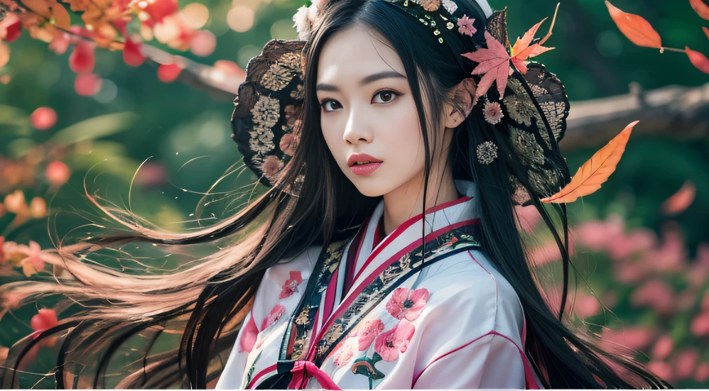 32K autumn view(tmasterpiece,k hd,hyper HD,32K)Long flowing black hair,ponds,zydink, a color, Autumn (Sensual girl), (Blue and white silk scarf), Combat posture, looking at the ground, long whitr hair, Floating hair, Carp pattern headdress, Chinese long-sleeved cheongsam, (Abstract gouache splash:1.2), Pink petal background,Pink and white autumn sunset leaves fly(realisticlying:1.4),Black color hair,Fallen leaves flutter,The background is pure, A high resolution, the detail, RAW photogr, Sharp Re, Nikon D850 Film Stock Photo by Jefferies Lee 4 Kodak Portra 400 Camera F1.6 shots, Rich colors, ultra-realistic vivid textures, Dramatic lighting, Unreal Engine Art Station Trend, cinestir 800,Long flowing black hair,Bright clothes