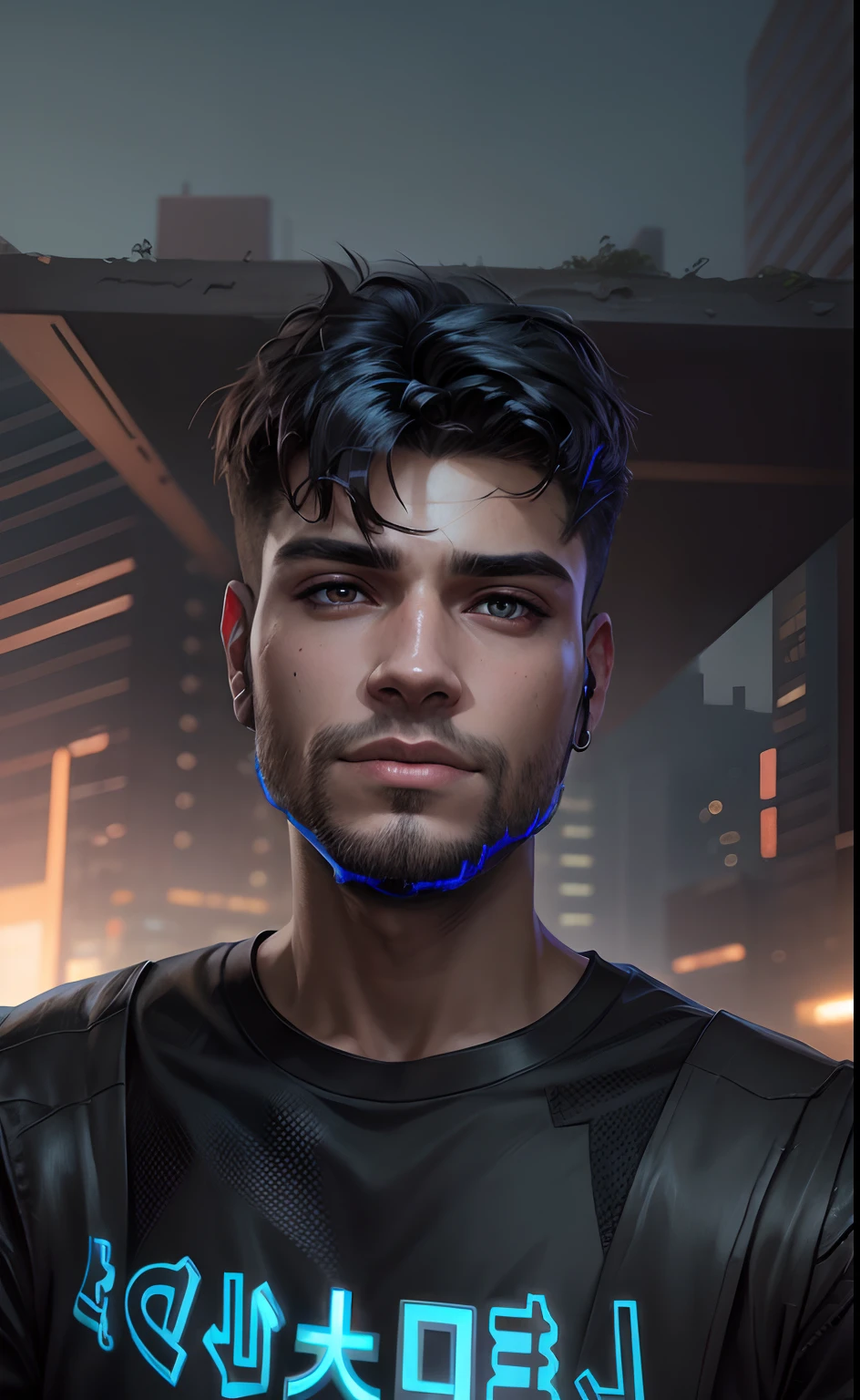 Change background cyberpunk handsome boy. realistic face.8k ultra realistic black outfit