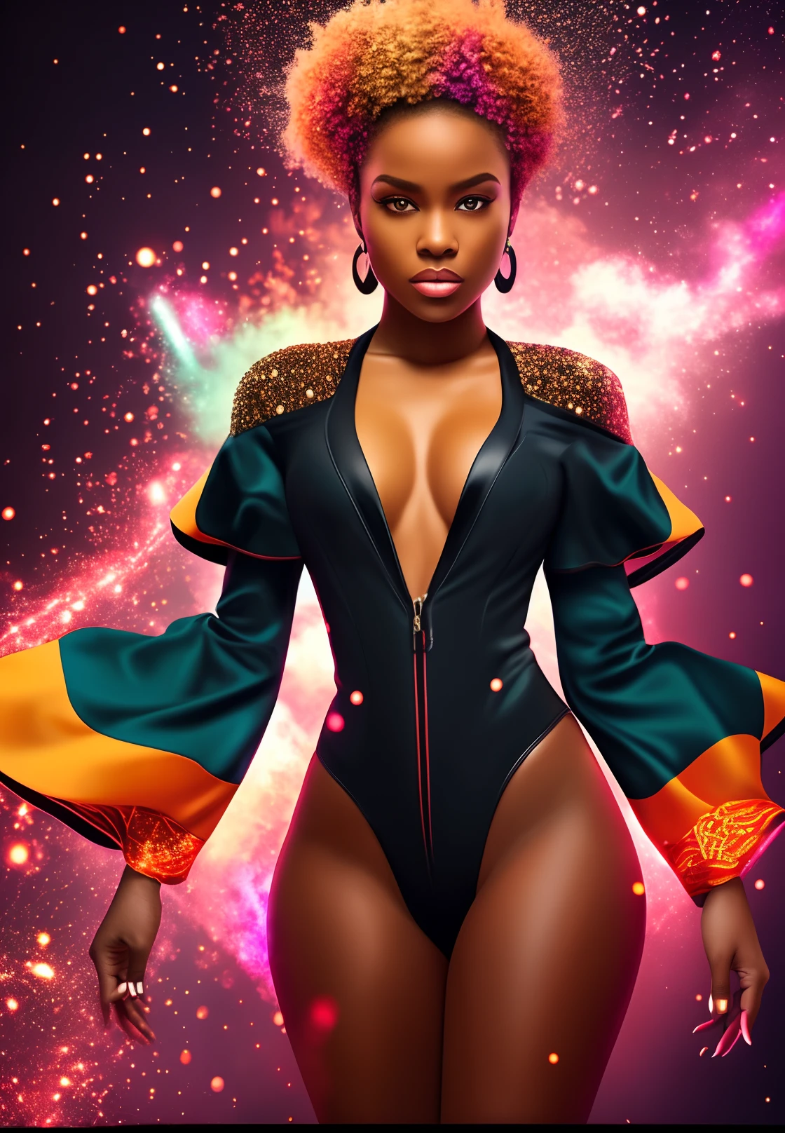 A black woman wearing african designed clothes standing in a dark area, with shining particles falling from up, tiny particles shining beautifully, with iridescent light, photorealistic image, 32k, ultra HD, cinematic lighting, artgerm style, highly detailed images, vibrant and beautiful colours, highly detailed facial features, highly detailed hands, highly detailed fingers, highly detailed legs, --auto --s2