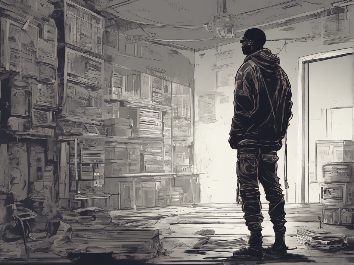rapper negro sozinho, dentro de um quarto escuro anoite, standing facing the camera in the empty room, rosto detalhado, a luz da lua entra pela janela, cena de filme, arte digital estilo lo-fi, detalhado, realista, cena de cinema,