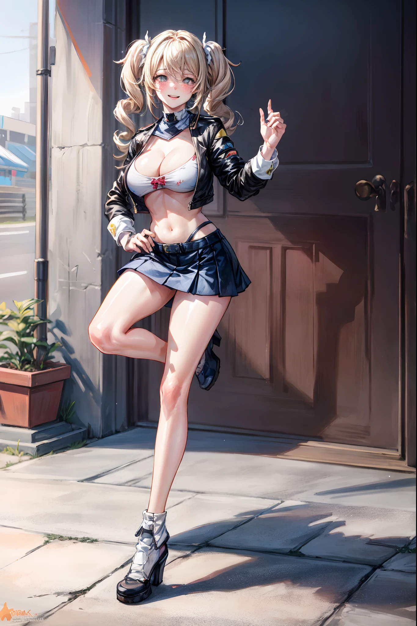 (8k, RAW photo, best quality, masterpiece:1.2), (realistic, photo-realistic:1.37), (full body:1.3) (detailed), (highres), ultra realistic, hyperrealistic, high detail RAW color photo of a 20 y.o women, young female,(pureerosface_v1),beautiful face, (high detailed face),looking at viewer, perfect face, young, detailed hair ,cleavage, perfect breast,professional lighting, photon mapping, radiosity, physically-based rendering, ultra-detailed, extremely detailed, beautiful detailed girl, extremely detailed eyes and face, cinematic lighting, perfect fingers, perfect hands, perfect legs, cinematic lighting, extreme details, realistic skin, show belly, high heels,1girl,race_queen,(gigantic breasts:1.2),clothing cutout,underboob, miniskirt, outdoors,((Formula One)),random pose,steaming body, blonde hair, (shiny skin),(smiling:1.1), blush, torogao, , embarrassed, drunk, naughty face,barbara ((genshin impact)),blonde hair, long hair,twintails,twin drills, blue eyes,bow,