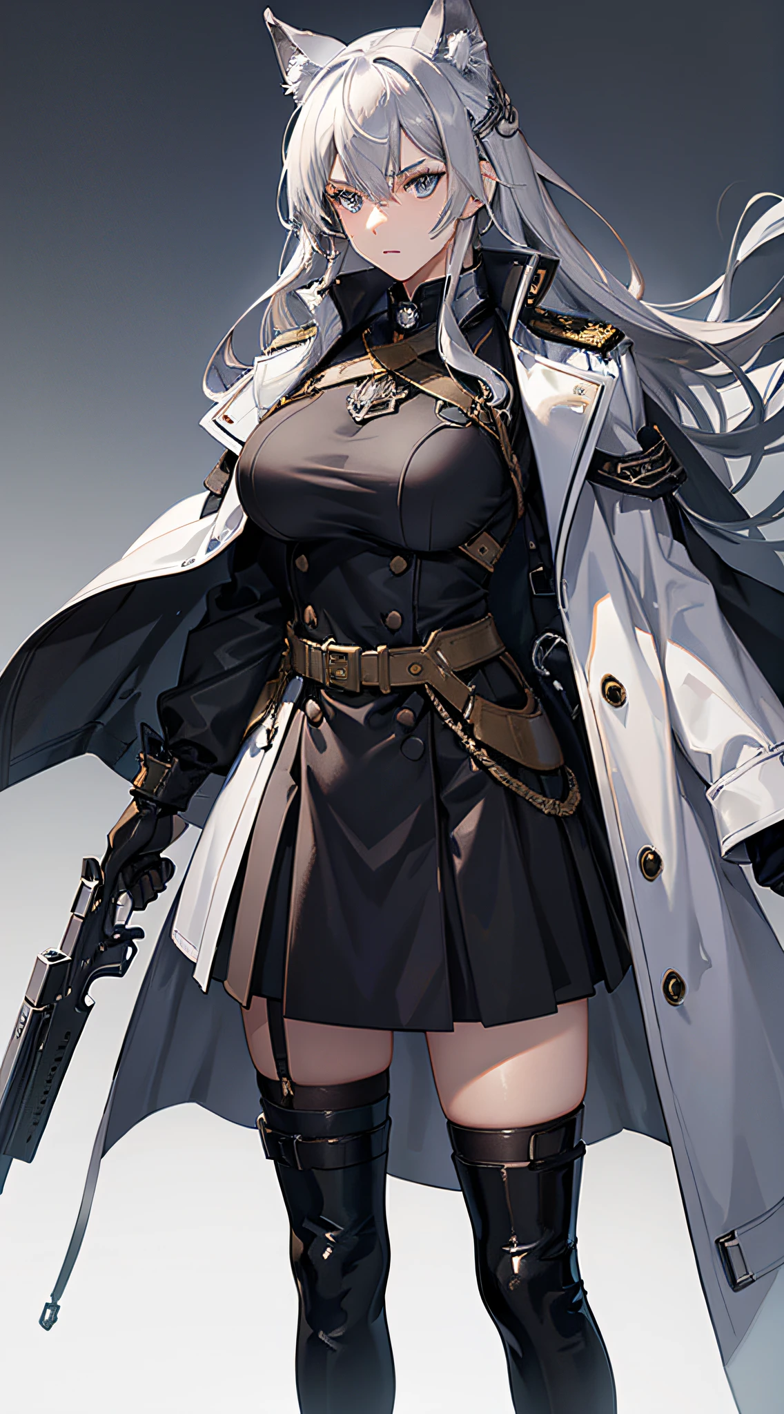 (best quality, realistic), 1girl, silver hair, jacket, wolf ears, coat, military uniform, original, blue eyes, standing, looking at viewer, serious expression, large breasts, long hair