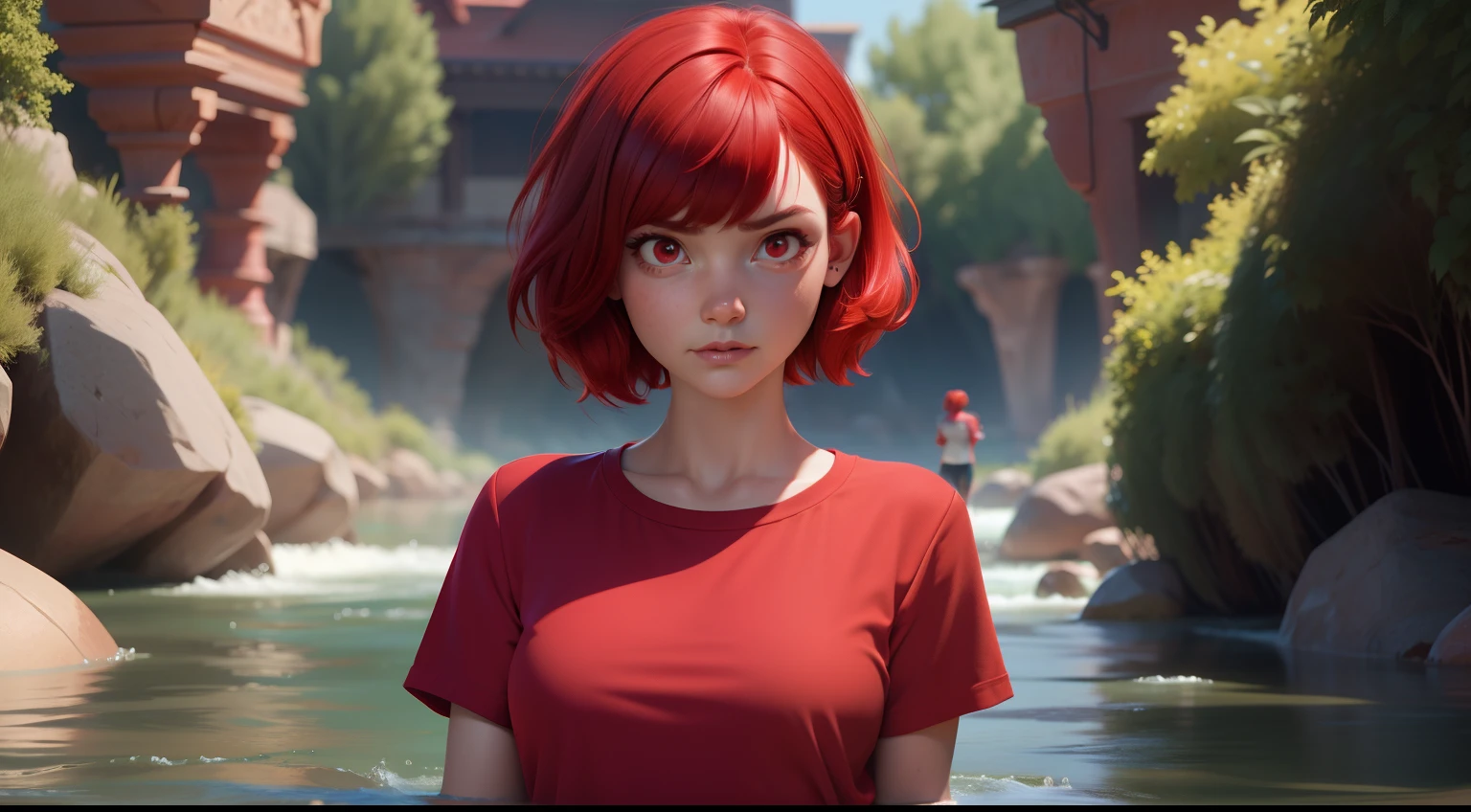 girl with short red hair and bangs, red eyes and wearing a red shirt, confused expression, inside a river, pixar disney cartoon style