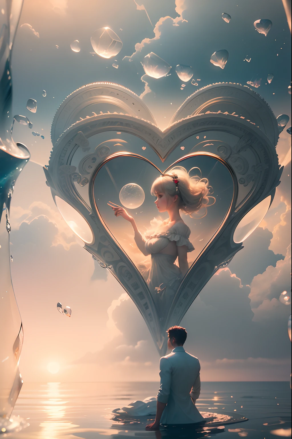 lovely double exposure image by blending together a man and a woman a stormy sea and a heart inside a glass mind. The sea should serve as the underlying backdrop, with its details subtly incorporated into the glossy glass mind, sharp focus, double exposure, glossy glass mind, (translucent glass figure of an heart) (sea inside) lifeless, dead, glass mind, earthy colors, decadence, intricate design, hyper realistic, high definition, extremely detailed, dark softbox image, raytracing, cinematic, HDR, photorealistic (double exposure:1.1), many more small hear shaped water drops.Cotton Candy Queen Women Goddess 8k Resolution Rendered Hyper Realistic Intricate Detail lives in an frosty heart shaped ice bubble, a fanciful place filled with castles, cotton candy, swans lakes and fluffy clouds, An intricate visual representation of computer programing, rendered in 24k resolution with intricate details and symbols.