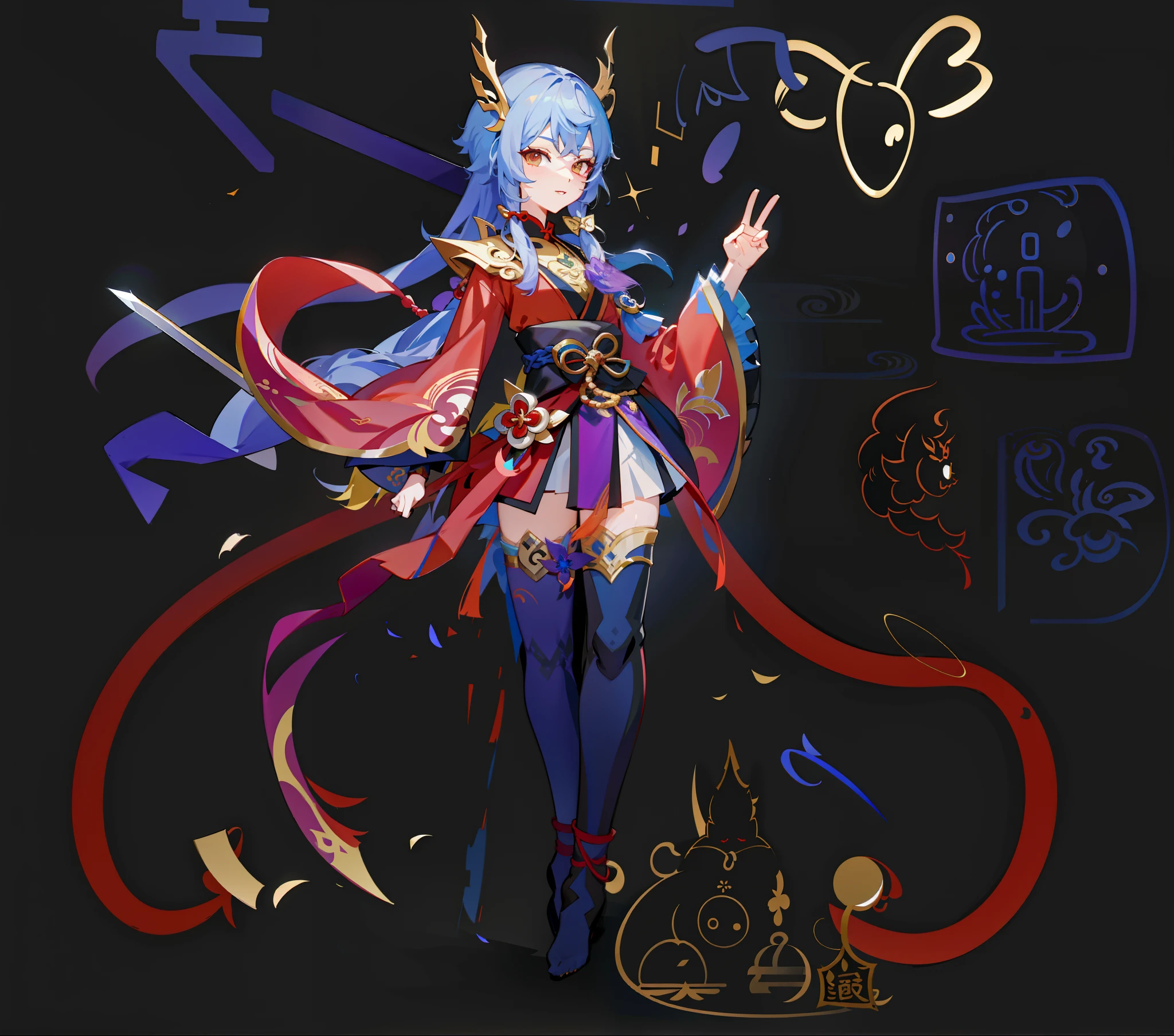 Anime characters with a sword and a cat on black background, Onmyoji detailed art, onmyoji, full-body xianxia, Keqing from Genshin Impact, zhongli from genshin impact, [ Character design ], Ayaka Genshin impact, [ conceptual art ]!!, touhou character, G Liulian art style，Girl，Exquisite facial features，Light and shadow details，adolable