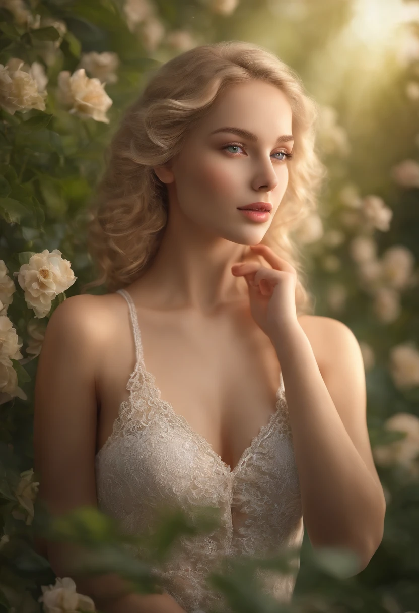 best quality,ultra-detailed,realistic,photorealistic:1.37,(18 year old) woman,[naked],beautiful detailed eyes,beautiful detailed lips,curly (blond) hair,spreading legs,[showing ()],pale skin,vivid colors,soft lighting,large breasts,slim waist,curvy hips,feminine figure,confident expression,relaxing atmosphere,green garden background,flowers blossoming,natural sunlight,happy and peaceful ambiance,high-resolution painting