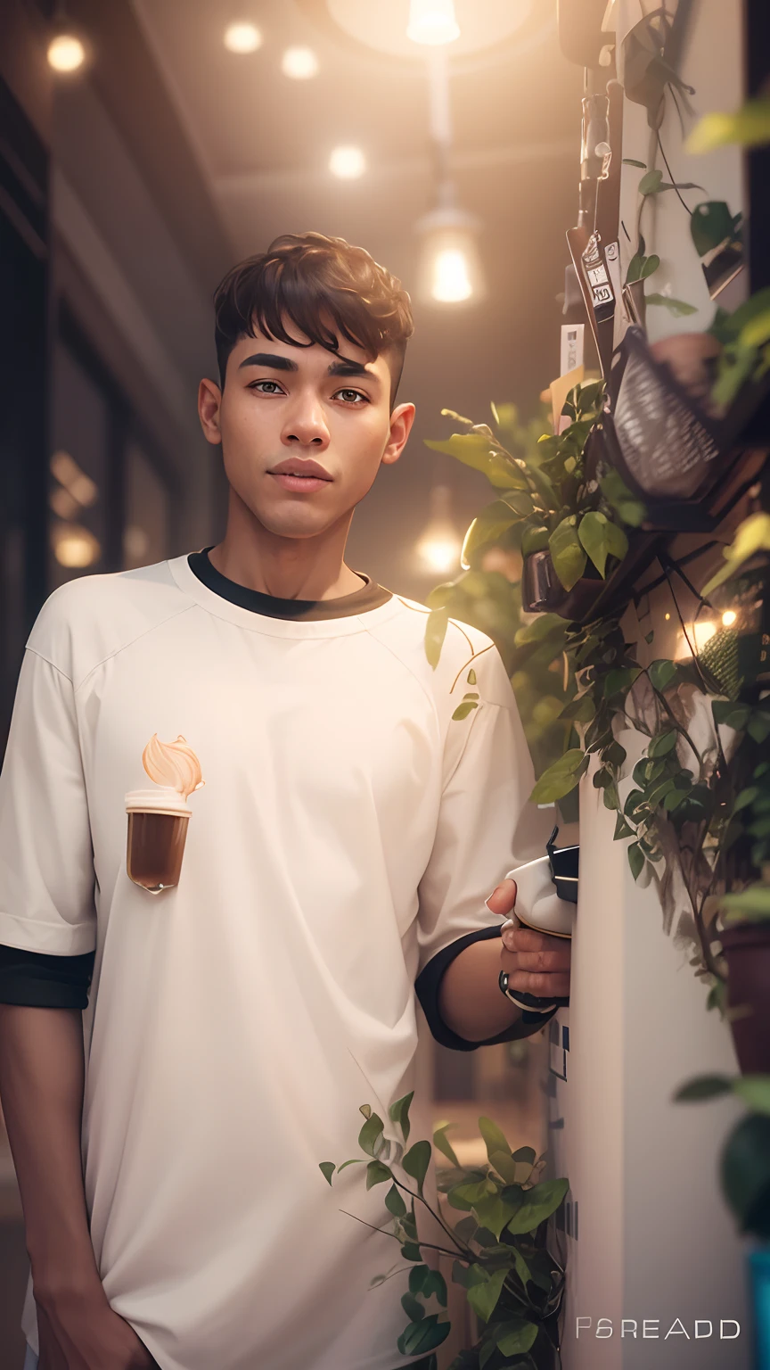 Boy with coffee futuristic background realisti c face 8k ultra high quality hd