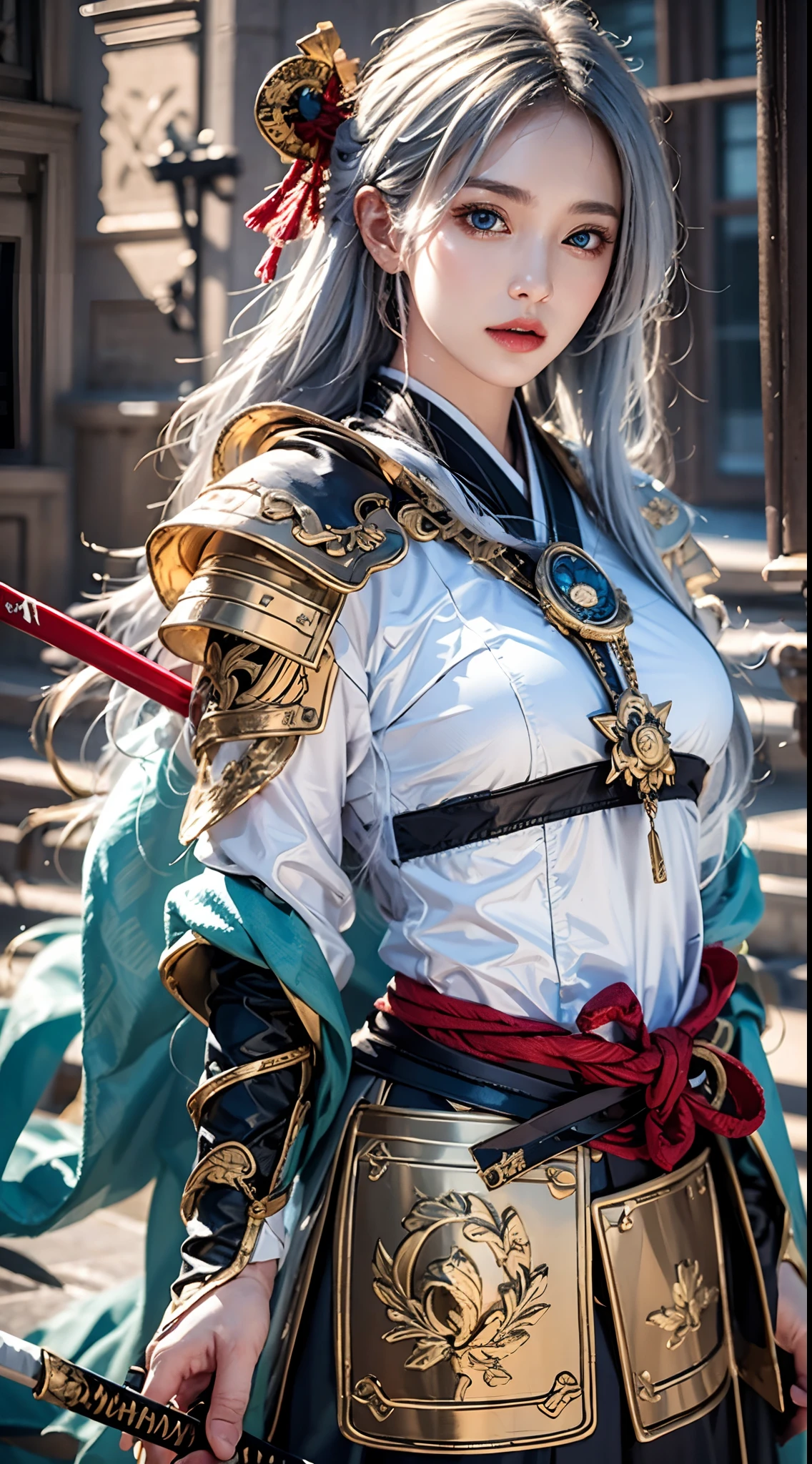 photorealistic, masterpiece, photorealistic, high resolution, soft light, hips up, blue eyes, white hair, long hair, Intricate details EABA, cloaks, spear, Samurai, Armor, Japanese Katana Sword, warrior