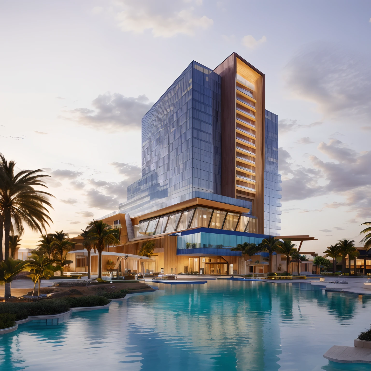 a rendering of a modern hotel with a pool and a large building, mantra rendering, full - view, full - shot, full-shot, wide angle exterior 2050, rendering of the windigo, screengrab, sharp hq rendering, conceptual, three - quarter view, architectural rendering, rendering of checkmate, rendering, high quality rendering, a digital rendering