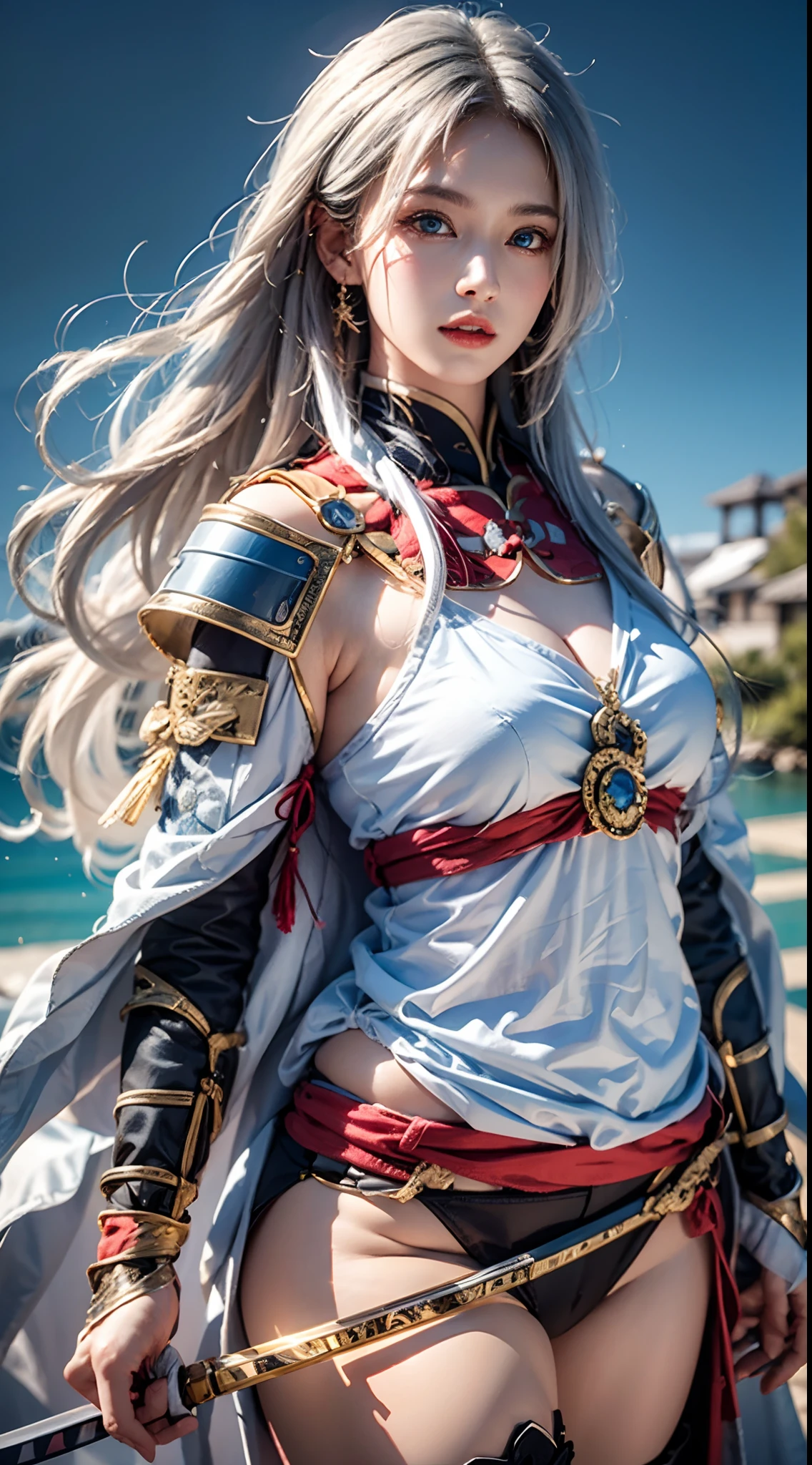 photorealistic, masterpiece, photorealistic, high resolution, soft light, hips up, blue eyes, white hair, long hair, Intricate details EABA, cloaks, spear, Samurai, Armor, Japanese Katana Sword, warrior