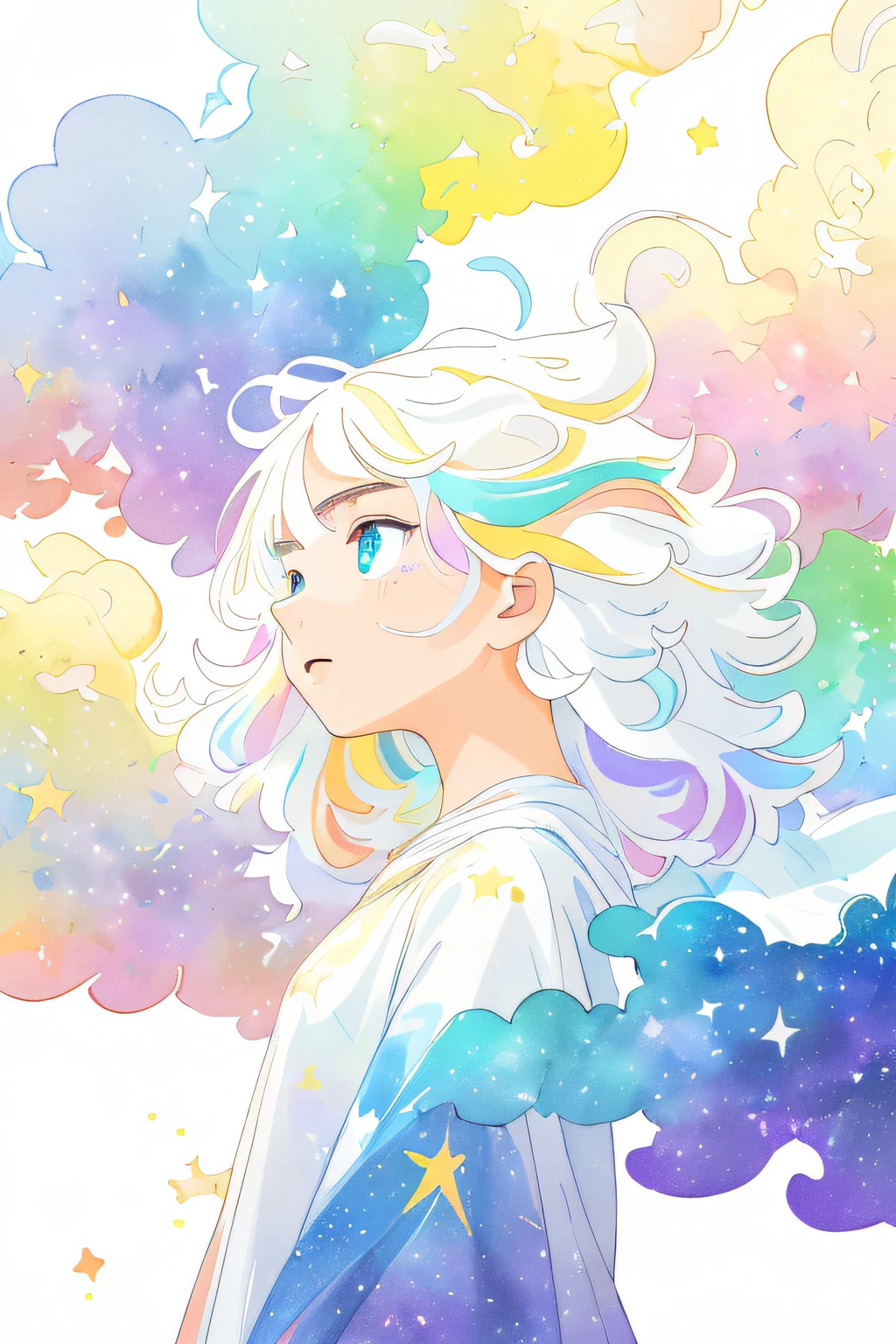 ((masterpiece)), (((best quality))), ((ultra-detailed)), ((illustration)),[realism light effect],shadow,(Fantasy style),(white background:1.6), simple background, (earth theme),(a cloak)[(hair focus,((1girl)),[(big slime hair): (cloud hair):0.3], (hair on background),(high saturation),(hair surrounded by galaxy splashes),)):((her hair is becoming galaxy clouds,:1.27628), (hair and clothes is galaxy clouds and cluster of stars:1.1025),(a cloak is becoming galaxy clouds)(colorful_galaxy_print_clusters_of_stars_print:1.35),((detailed starry sky with colorful galaxy and galaxy clouds):1.2)):0.35], (((masterpiece))),(((best quality))),((ultra-detailed)),(illustration),(dynamic angle),((floating)),(paint),((disheveled hair)),((beautiful detailed face)),collar,bare shoulders, ((colorful hair)),((streaked hair)),beautiful detailed eyes,(Gradient color eyes),(((colorful eyes))),(((colorful background))),(((high saturation))),(((surrounded by colorful splashes))),(((surrounded by colorful dot))),colorful bubble,((shining)),