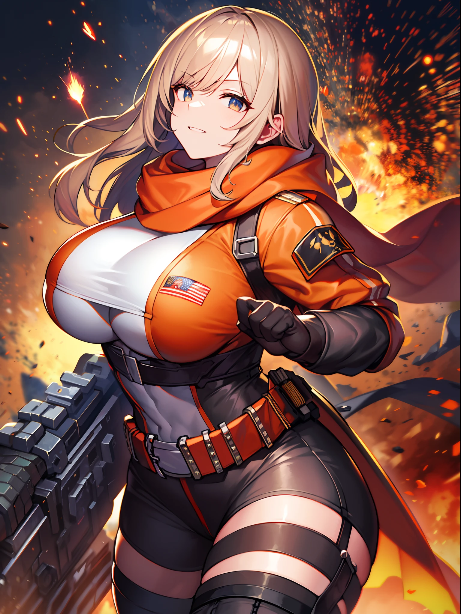 ​masterpiece++、top-quality++、ultra-definition++、ultra-definition++、4k++、8k++、from side、（Background Focus）++、（（1））++、Sexily dressed woman casts a spell of muscular big breasts soldier wearing orange jacket and grey scarf with ammo belt and Gatling gun on a battlefield with explosions and sparks that destroy a city、Rune of a muscular colossal breasts soldier wearing an orange jacket and gray scarf with an ammunition belt and Gatling gun on a battlefield with explosions and sparks、The magic of a muscular colossal breasts soldier wearing an orange jacket and gray scarf with an ammunition belt and Gatling gun on a battlefield with explosions and sparks、Muscular Colossal Soldier Wearing Orange Jacket and Grey Muffler Holding Ammunition Belt and Gatling Gun on Battlefield with Explosions and Sparks Flying Over、Muscular colossal breasts military sorcerer wearing orange jacket and gray scarf with ammunition belt and Gatling gun on battlefield with explosions and sparks、Muscular colossal breasts military goddess wearing orange jacket and gray scarf with ammunition belt and Gatling gun on battlefield with explosions and sparks、detailed fantasy art、fantasy art style、Muscular Colossal Soldier Witch Wearing Orange Jacket and Grey Muffler With Ammunition Belt and Gatling Gun on Battlefield with Beautiful Ancient Explosions and Sparks、Colossal queen of muscular big breasts soldier wearing orange jacket and gray scarf with ammunition belt and Gatling gun on battlefield with explosions and sparks、Fantasy Art Behans、Muscular colossal breasts military magician wearing orange jacket and gray scarf with ammunition belt and Gatling gun on battlefield with beautiful explosions and sparks、Muscular colossal breasts military magician wearing orange jacket and gray scarf with ammunition belt and Gatling gun on battlefield with beautiful explosions and sparks、Shards of muscular big breasts soldier wearing orange jacket and gray scarf with ammunition belt and Gatling gun on battlefield with shin
