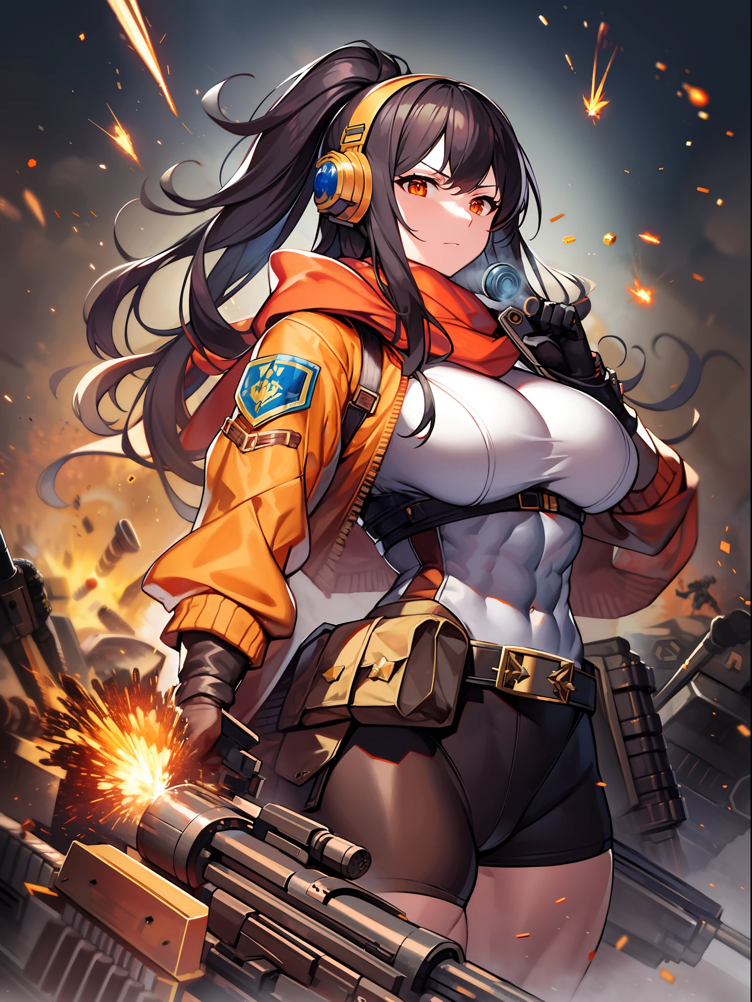 ​masterpiece++、top-quality++、ultra-definition++、ultra-definition++、4k++、8k++、from side、（Background Focus）++、（（1））++、Sexily dressed woman casts a spell of muscular big breasts soldier wearing orange jacket and grey scarf with ammo belt and Gatling gun on a battlefield with explosions and sparks that destroy a city、Rune of a muscular colossal breasts soldier wearing an orange jacket and gray scarf with an ammunition belt and Gatling gun on a battlefield with explosions and sparks、The magic of a muscular colossal breasts soldier wearing an orange jacket and gray scarf with an ammunition belt and Gatling gun on a battlefield with explosions and sparks、Muscular Colossal Soldier Wearing Orange Jacket and Grey Muffler Holding Ammunition Belt and Gatling Gun on Battlefield with Explosions and Sparks Flying Over、Muscular colossal breasts military sorcerer wearing orange jacket and gray scarf with ammunition belt and Gatling gun on battlefield with explosions and sparks、Muscular colossal breasts military goddess wearing orange jacket and gray scarf with ammunition belt and Gatling gun on battlefield with explosions and sparks、detailed fantasy art、fantasy art style、Muscular Colossal Soldier Witch Wearing Orange Jacket and Grey Muffler With Ammunition Belt and Gatling Gun on Battlefield with Beautiful Ancient Explosions and Sparks、Colossal queen of muscular big breasts soldier wearing orange jacket and gray scarf with ammunition belt and Gatling gun on battlefield with explosions and sparks、Fantasy Art Behans、Muscular colossal breasts military magician wearing orange jacket and gray scarf with ammunition belt and Gatling gun on battlefield with beautiful explosions and sparks、Muscular colossal breasts military magician wearing orange jacket and gray scarf with ammunition belt and Gatling gun on battlefield with beautiful explosions and sparks、Shards of muscular big breasts soldier wearing orange jacket and gray scarf with ammunition belt and Gatling gun on battlefield with shin