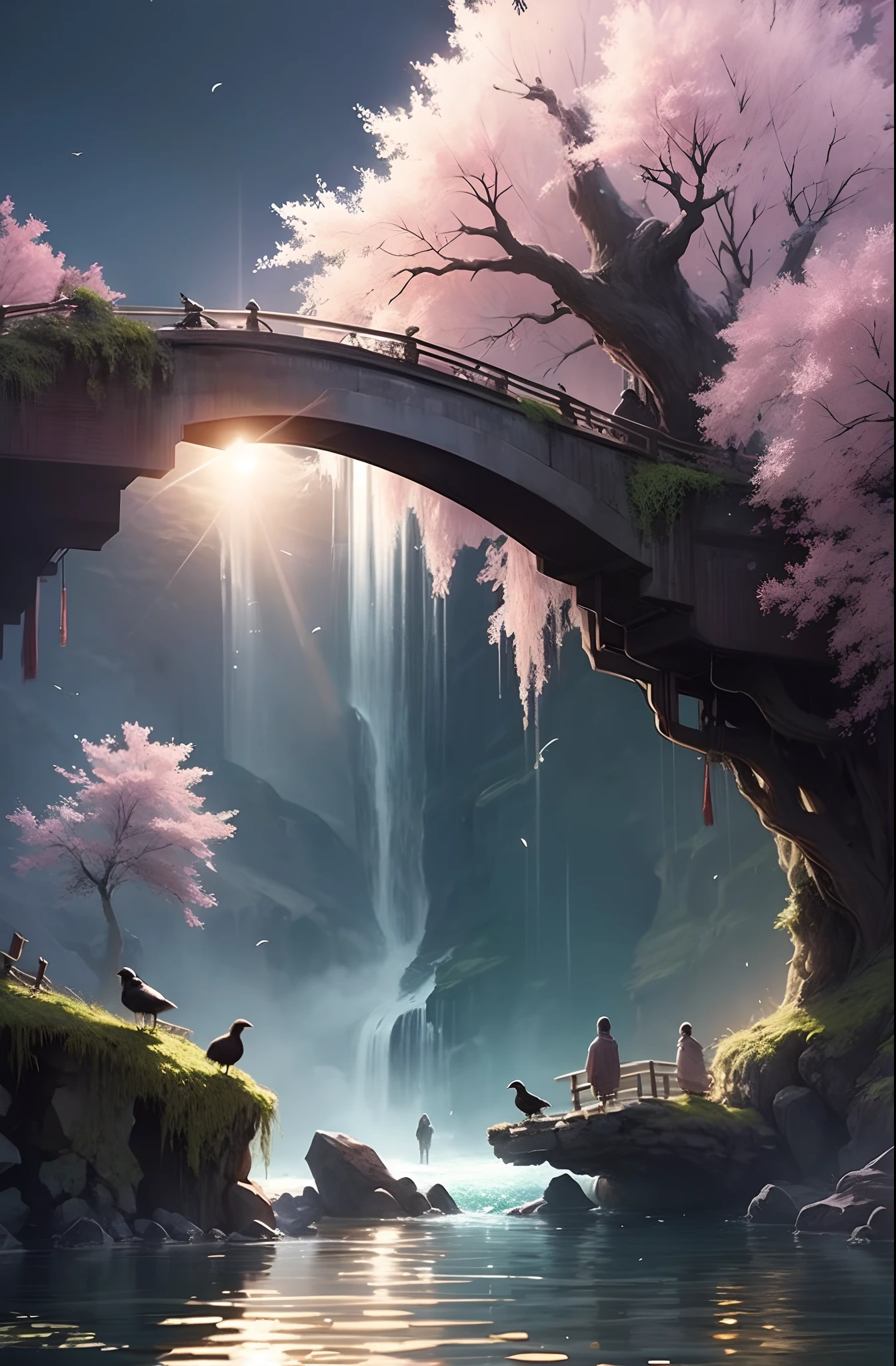 At dusk, A flock of crows landed on an old tree，Surrounded by withered vines，A miserable whimper。. The sound of splashing water under the bridge, A family by a small bridge by the river and lake，smooggy. A skinny horse on the old road hobbled against the westerly wind. The sun gradually loses its luster，The waterfall is on the west side. On a bleak night, Only lone travelers wander in the distance.
