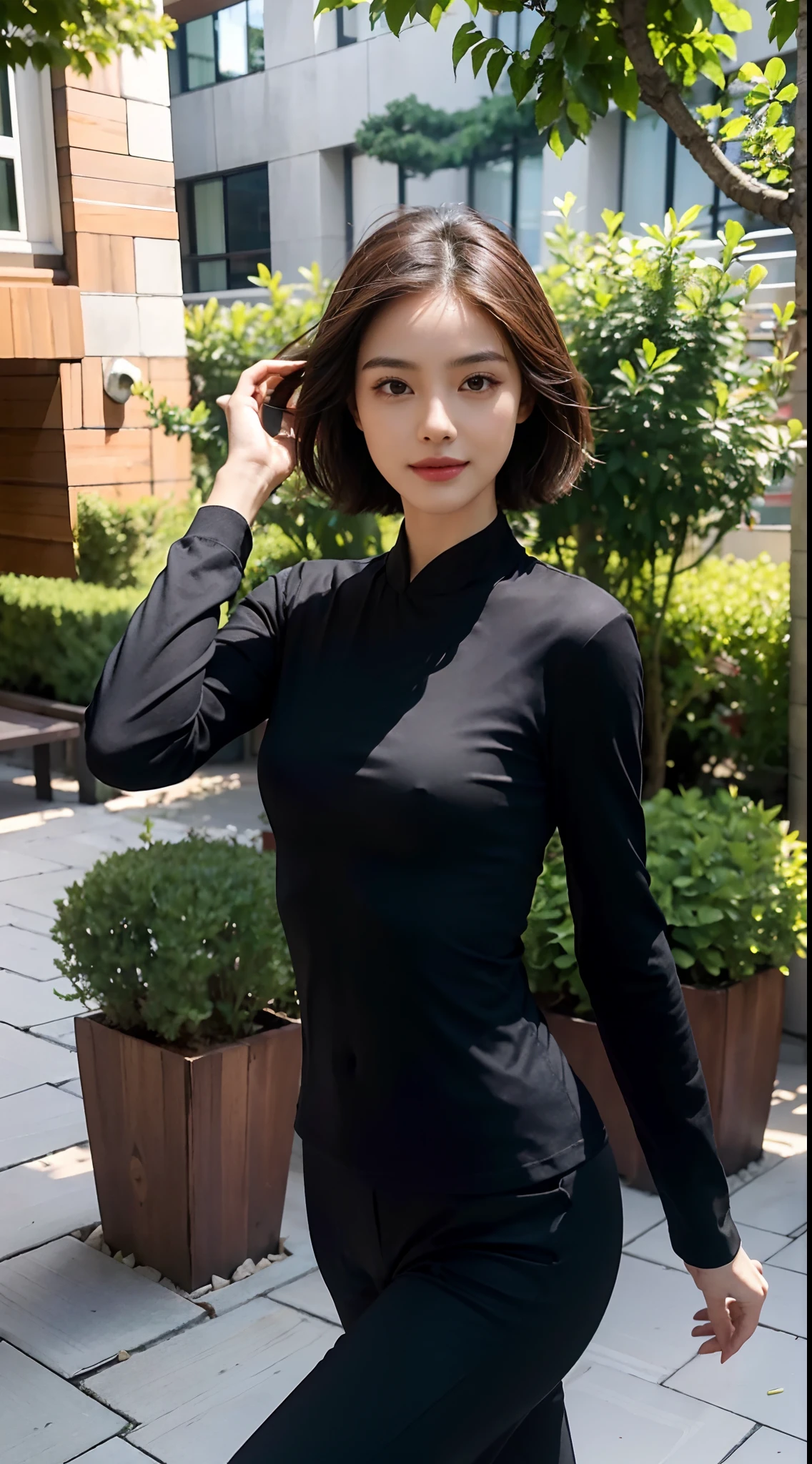 ((Small underboob)), (shoulder length straight short hair: 1.2), （Extremely meticulous CG 8k wallpaper），（Extremely refined and beautiful），（Masterpiece），（best qualtiy：1.0），（Ultra High Resolution：1.0），beautiful light up，Perfect lightning，realistic shaded，[A high resolution]，Smooth and flawless fair skin，Extremely exquisite facial details，ultra - detailed，A beautiful girl，small head，(Small breasts:1.1)，Flat chests，slim，thin，Smile，cheerfulness，(Red Chinese Kung Fu Long sleeved Top:1.5），（Black men's Tang suit pants:1.2）,(Black cloth shoes:1.1)，early autumn，morning, Close Shot,In residential areas of high-rise residential buildings,In a garden shaded by green trees,walking,sideways,upper body