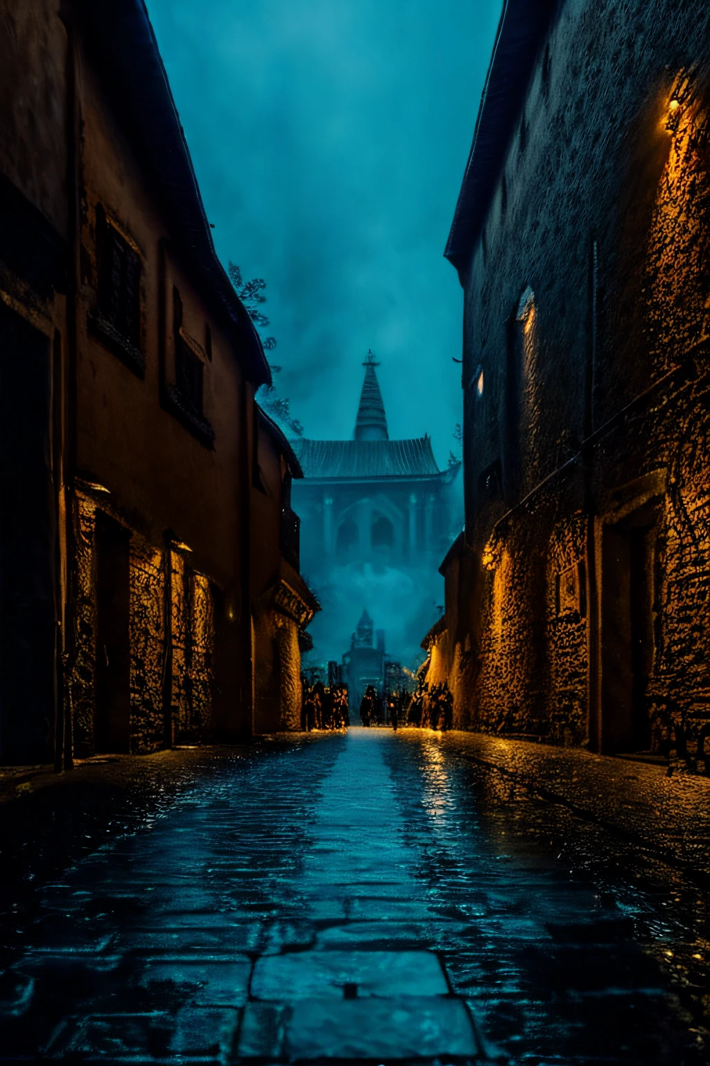 This image captures a moment frozen in time—a midnight procession of monks, guardians of tradition and spirituality, navigating the serpentine streets of a medieval city. Their torches illuminate not only the cobblestones but also the echoes of history that linger in the silent alleys and hidden corners of this ancient realm.