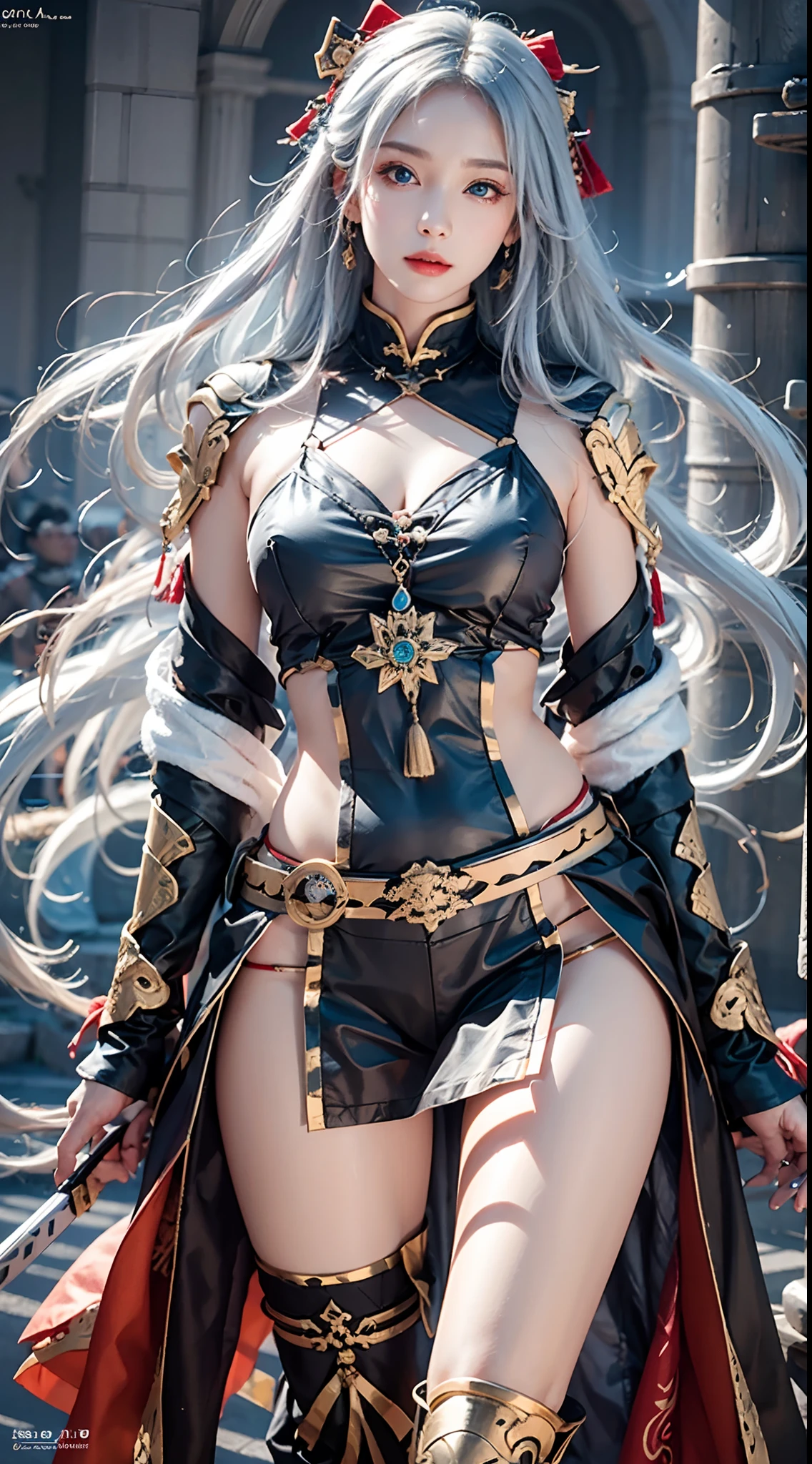 photorealistic, masterpiece, photorealistic, high resolution, soft light, hips up, blue eyes, white hair, long hair, Intricate details EABA, cloaks, spear, Samurai, Armor, Japanese Katana Sword, warrior