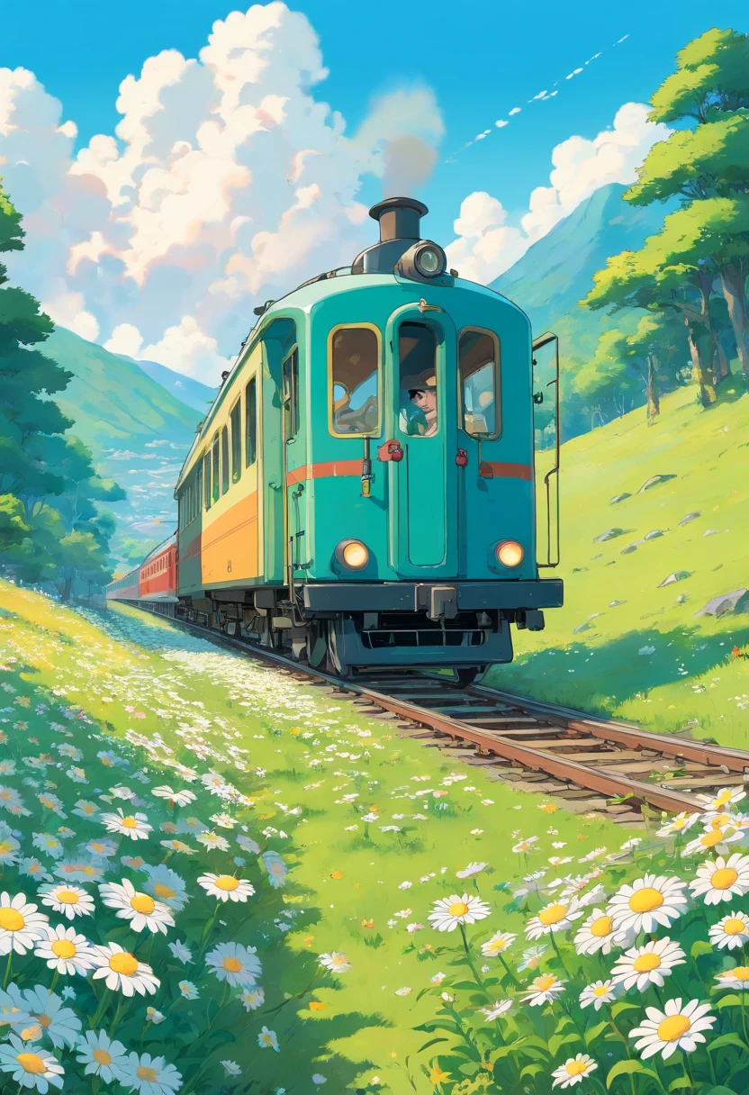 Illustration for the cartoon. A train collects daisies in a meadow