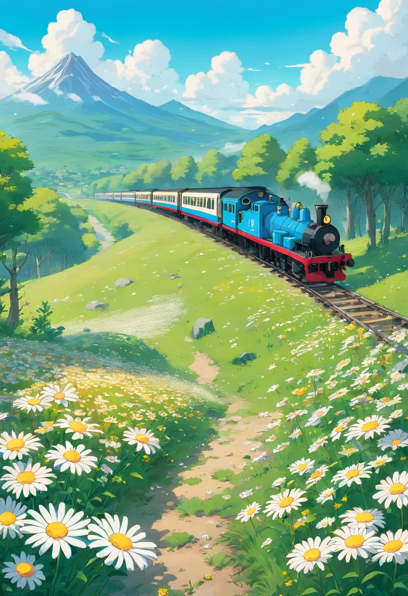 Illustration for the cartoon. A train collects daisies in a meadow