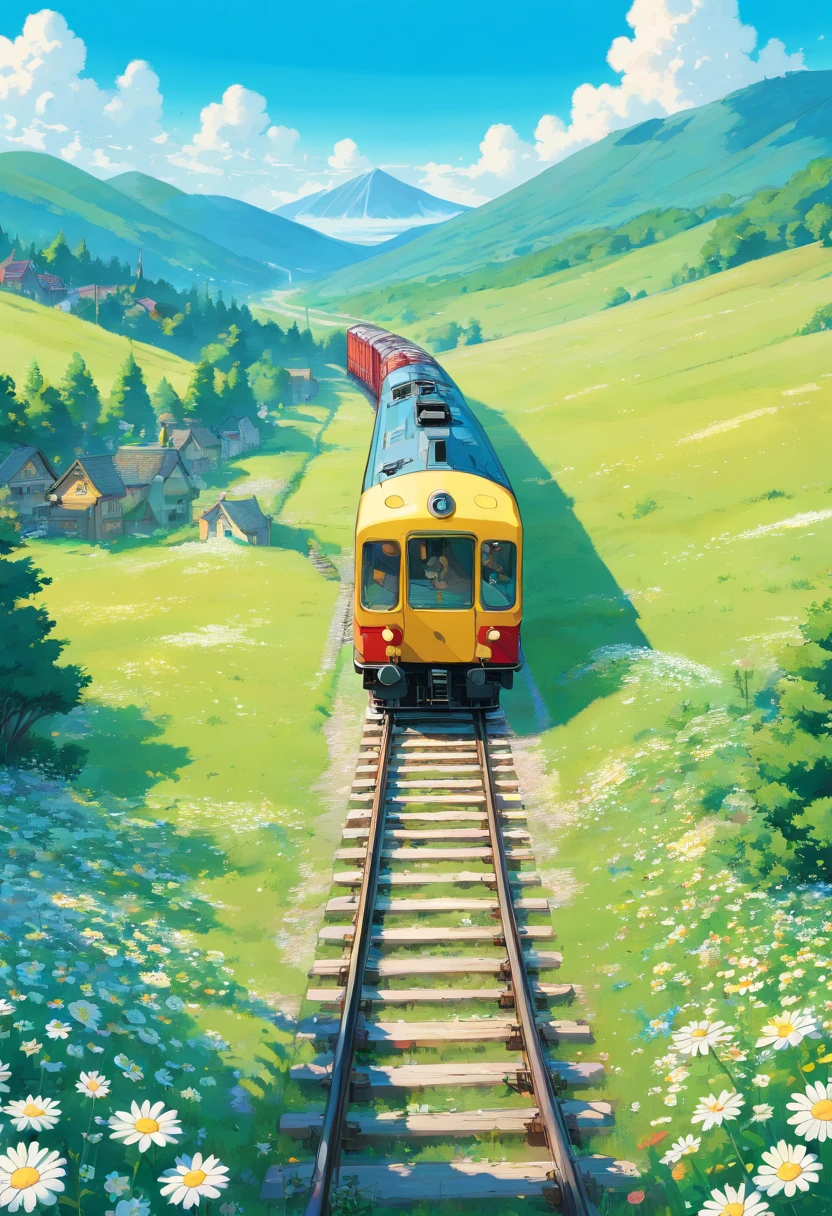 Illustration for the cartoon. A train collects daisies in a meadow