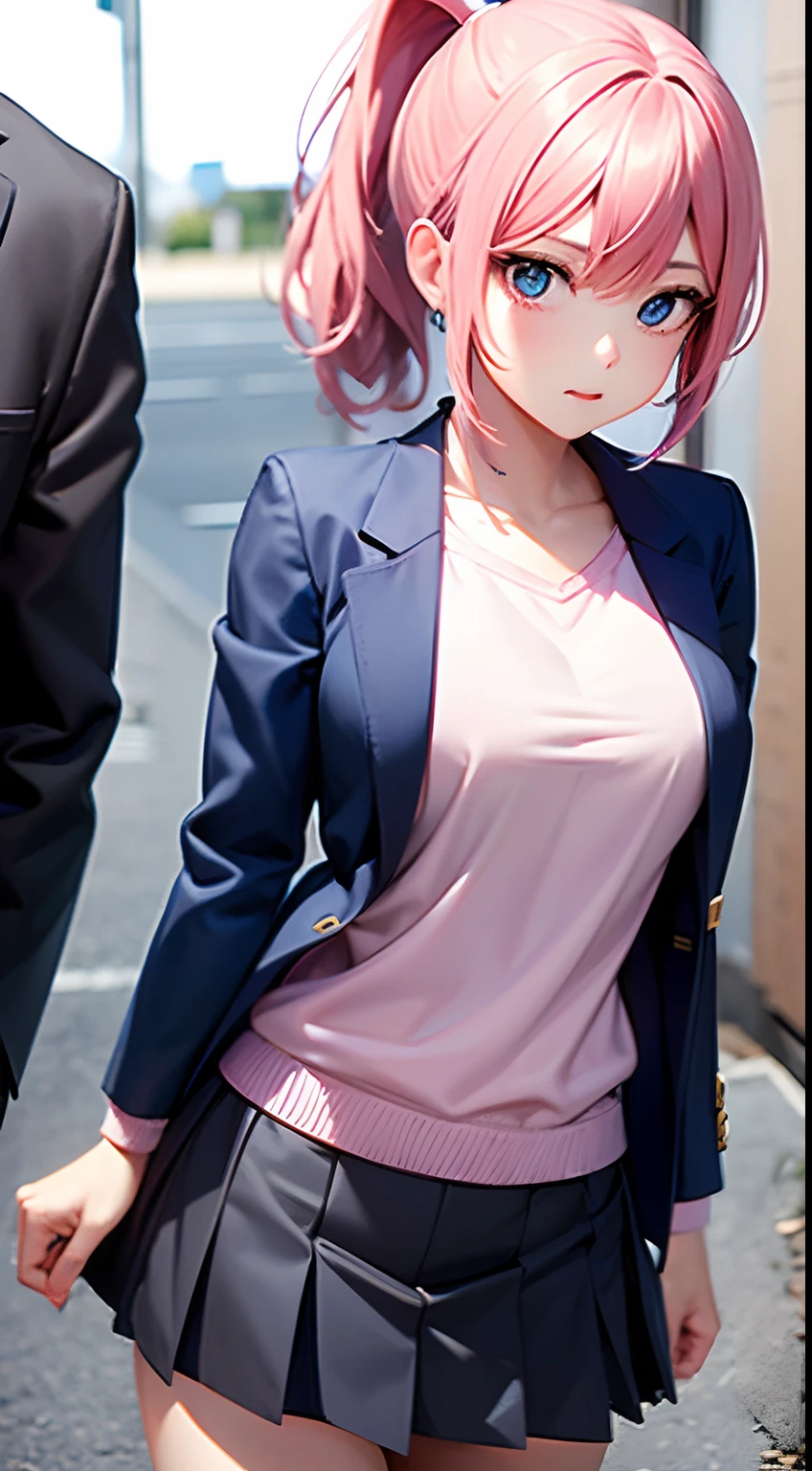 a girl with pink hair and blue eyes, Hitori Gotou, booru, ultra detailed, best quality, expressive eyes, perfect face, synchromism, The right hair ponytail is a blue and yellow square, pink sports jacket, black school short skirt