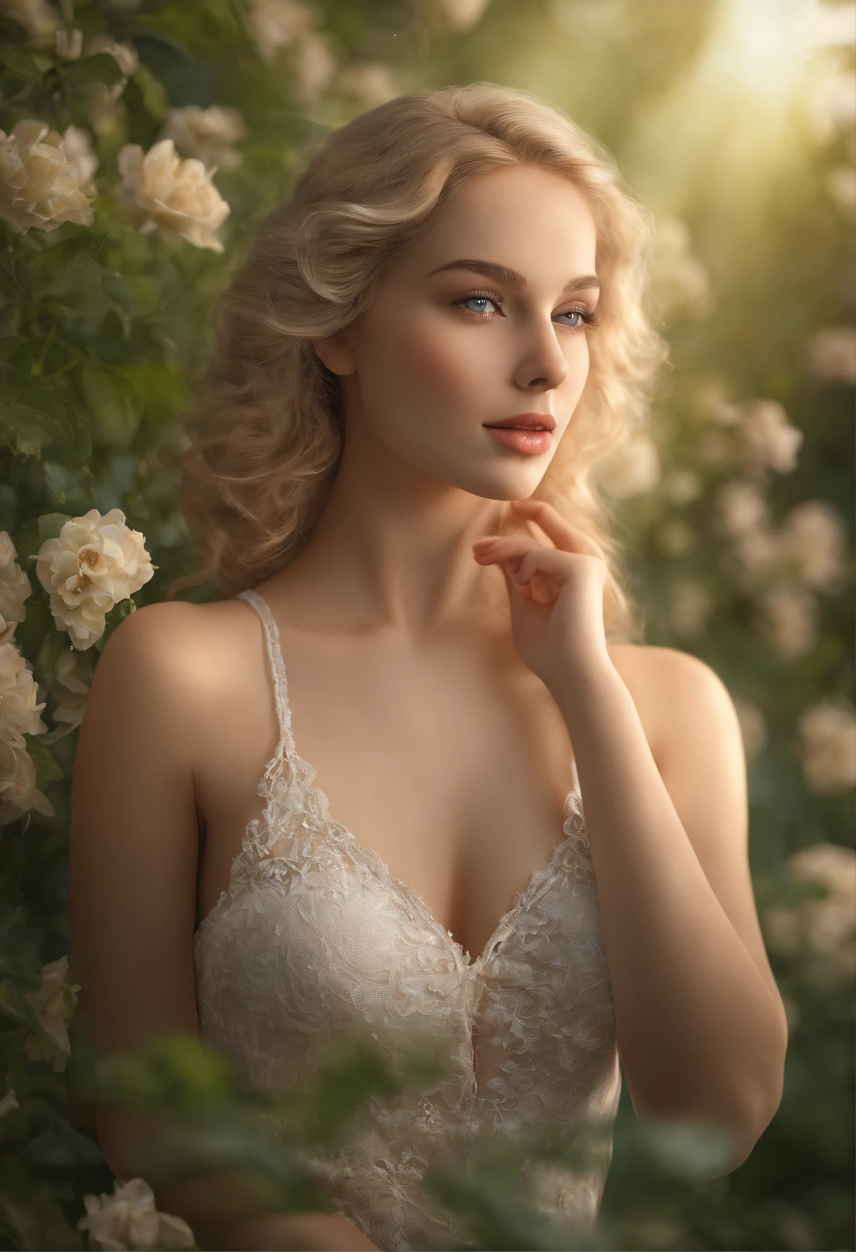 best quality,ultra-detailed,realistic,photorealistic:1.37,(18 year old) woman,[naked],beautiful detailed eyes,beautiful detailed lips,curly (blond) hair,spreading legs,[showing ()],pale skin,vivid colors,soft lighting,large breasts,slim waist,curvy hips,feminine figure,confident expression,relaxing atmosphere,green garden background,flowers blossoming,natural sunlight,happy and peaceful ambiance,high-resolution painting