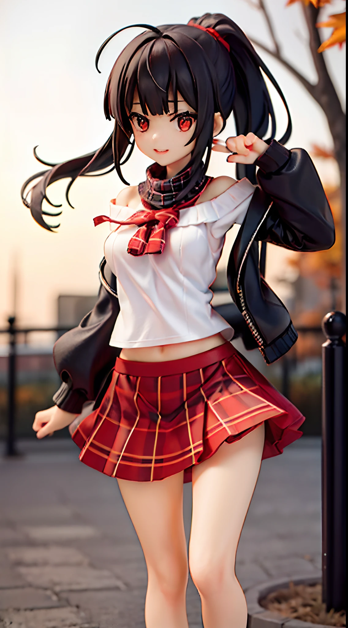 Best Quality,masutepiece,1girl in,my,(slender:1.3),medium breasts,(Black hair:1.3),(Ponytail:1.1),(oblique bangs:1.3),(Detailed red eyes:1.1),(Smile:0.8),Autumn,Maple row,(Sense of depth:1.2),white off-shoulder sweater, (plaid skirts, Red skirt:1.2),(Walking:1.1),