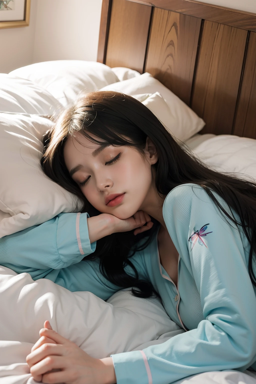 Oil painting, colourfull, girls, Soft Smile, bed, Dragonfly, Long hair, Deep sleep, Pajamas, Innocent, Lying down, Sleeping, subtle lighting