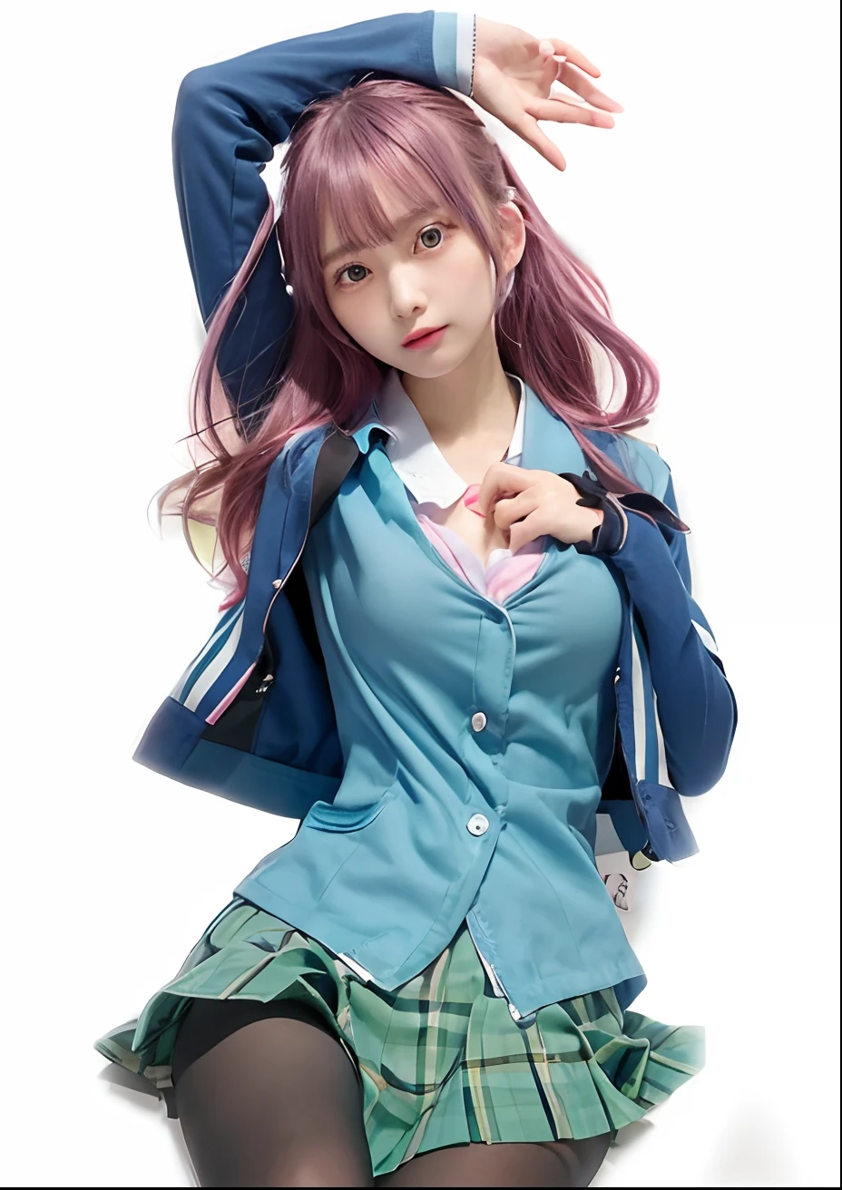 in 1girl, nakano miku, light blue shirt, long hair, pink hair, realistic, ultra detail, blue eyes, light green short skirt, light blue headphones around the neck, dark blue jacket, pose on the bed, left hand holding the breast, big breasts