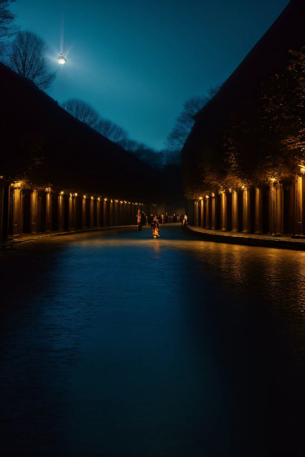 (((masterpiece))), (((best quality))), ((ultra-detailed)),, This image captures a moment frozen in time—a midnight procession of monks, guardians of tradition and spirituality, navigating the serpentine streets of a medieval city. Their torches illuminate not only the cobblestones but also the echoes of history that linger in the silent alleys and hidden corners of this ancient realm.