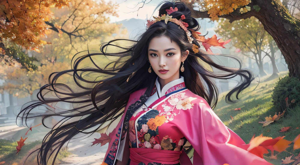 32K autumn view（tmasterpiece，k hd，hyper HD，32K）Long flowing black hair，ponds，zydink， a color， Autumn （Sensual girl）， （Blue and white silk scarf）， Combat posture， looking at the ground， long whitr hair， Floating hair， Carp pattern headdress， Chinese long-sleeved cheongsam， （Abstract gouache splash：1.2）， Pink petal background，Pink and white autumn sunset leaves fly（realisticlying：1.4），Black color hair，Fallen leaves flutter，The background is pure， A high resolution， the detail， RAW photogr， Sharp Re， Nikon D850 Film Stock Photo by Jefferies Lee 4 Kodak Portra 400 Camera F1.6 shots, Rich colors, ultra-realistic vivid textures, Dramatic lighting, Unreal Engine Art Station Trend, cinestir 800，Long flowing black hair，Bright clothes