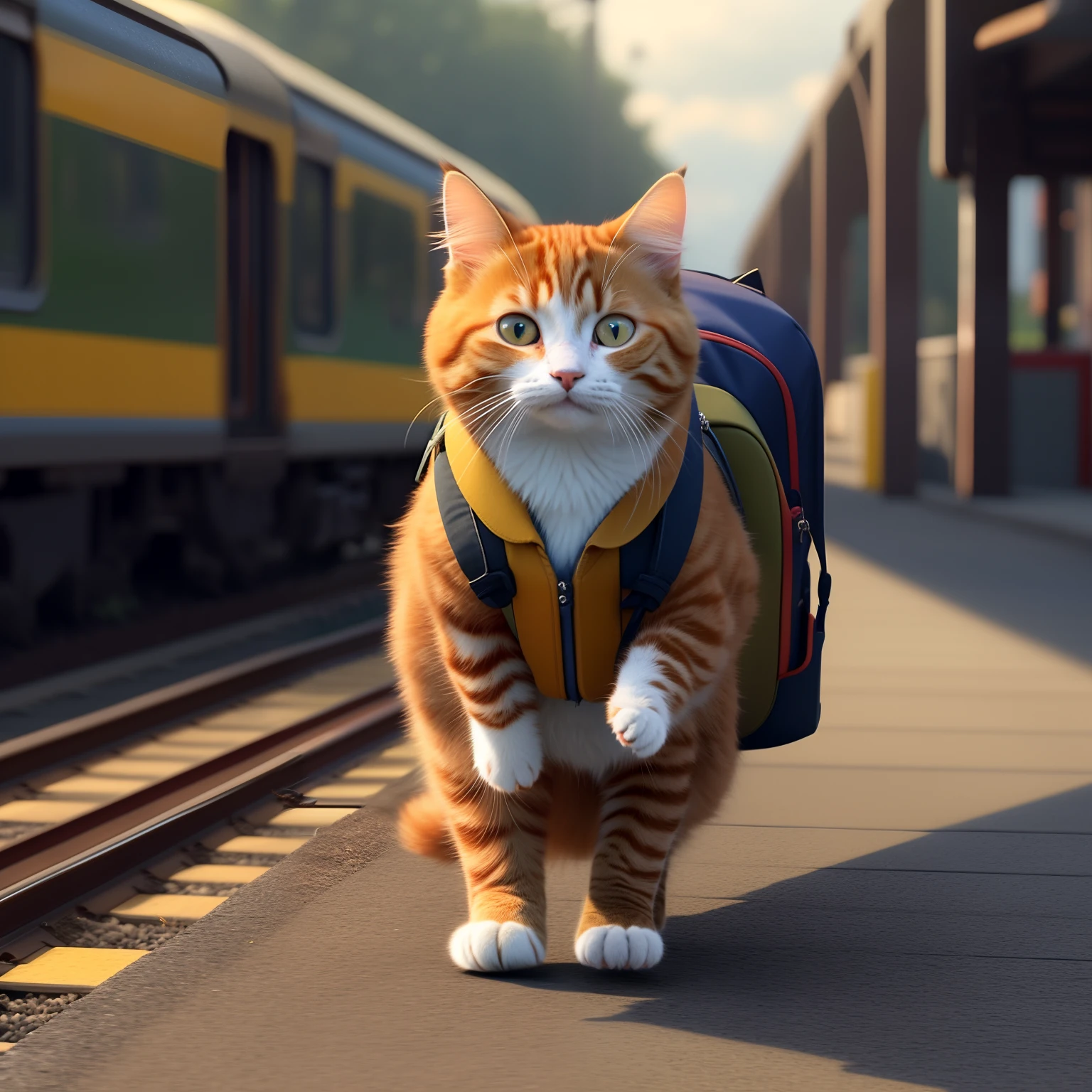 there is a cat that is walking on the train tracks, ginger cat in mid action, the cat is walking, garfield the cat, adventure hyper realistic render, award winning cgi, ginger cat, sora as a cat, an anthro cat, photorealistic movie still, animated movie still, anime visual of a cute cat, new cats movie, animated film