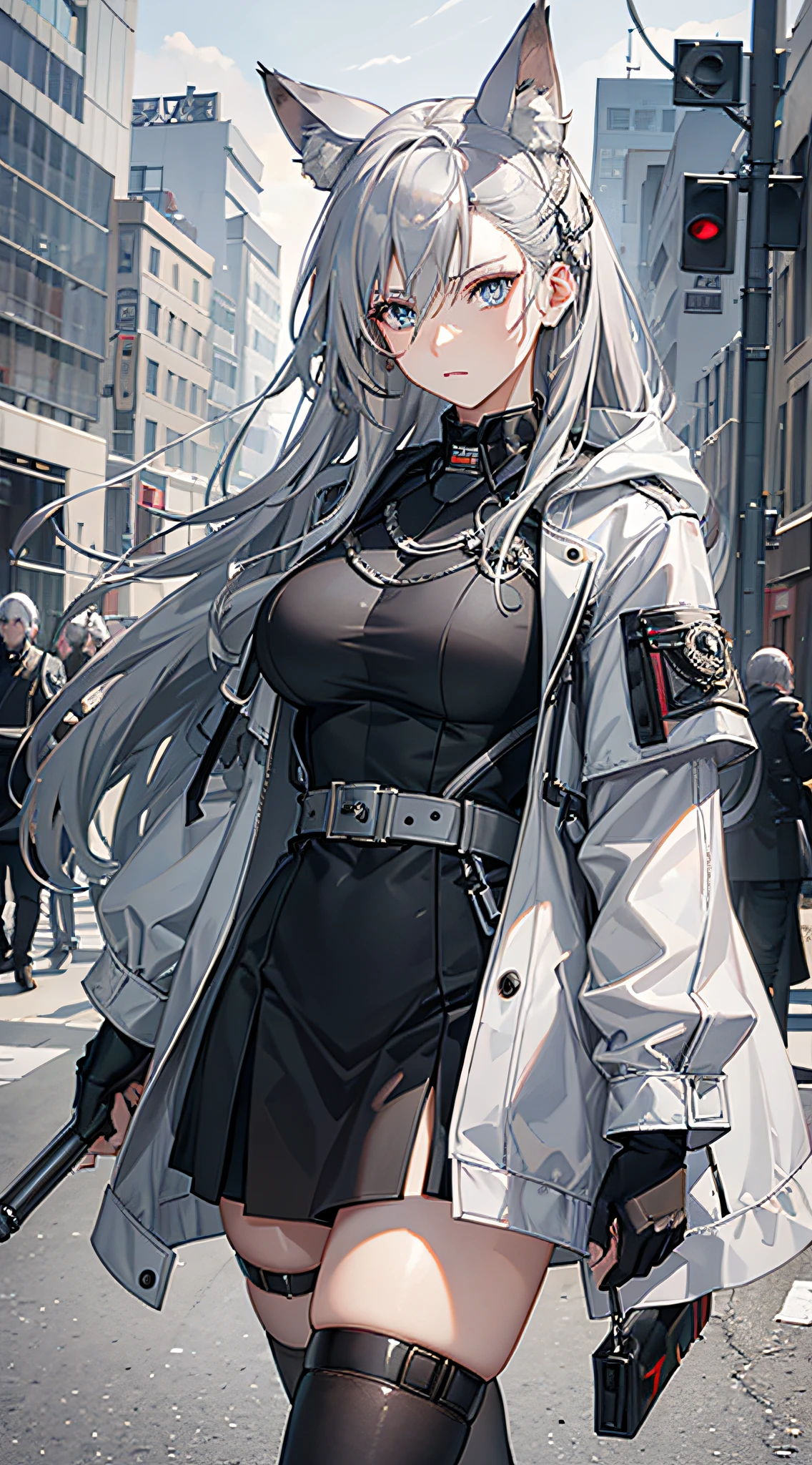 (best quality, realistic), 1girl, silver hair, jacket, wolf ears, coat, military uniform, original, blue eyes, standing, looking at viewer, serious expression, large breasts, long hair