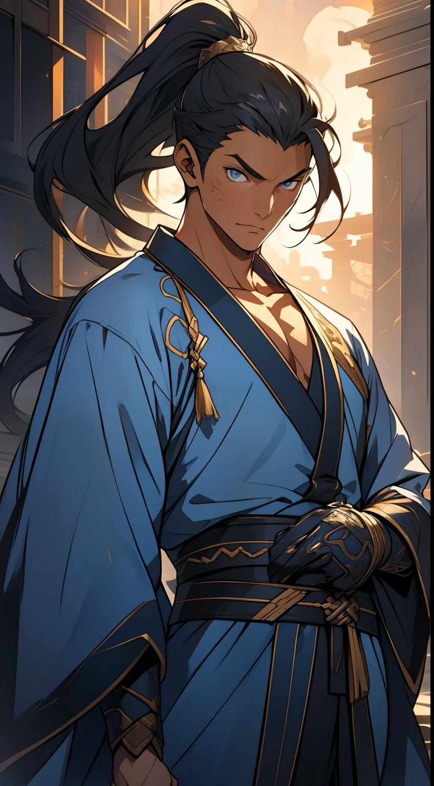 quadratic element,style of anime,mtu(Male Warrior),The proportions are correct,Face details,swordsmen,High ponytail hairstyle,Neck details,There is an Adam's apple,Blue suit,kaftan,long blue robes,clothes details,Handing over,longer sleeves,Game quality,Swordsmanship,Light and shadow tracking,Ray traching,detailed glow,cg render,hair detail,Black long hair,blue colored eyes,Handsome,Handsome,(juvenile sense),Clothing is complicated,Perfectcomposition,Refinement,high qulity,higher details,Lots of details,The background is complex,a sense of atmosphere,