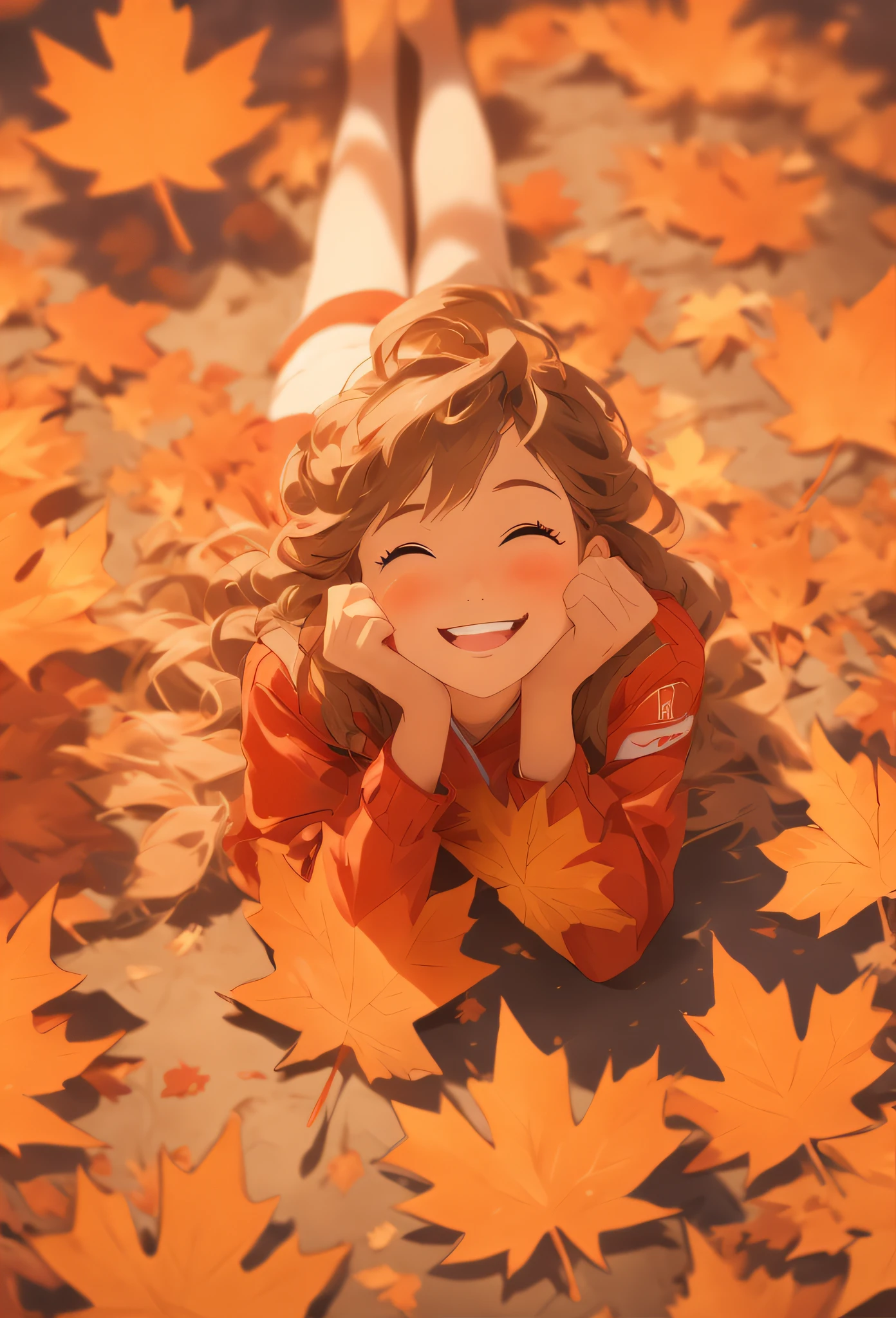 A girl lies happily on the ground, Hand dragging chin, Ultra-clear details., Maple leaves are scattered all over the place, warm color, Top view