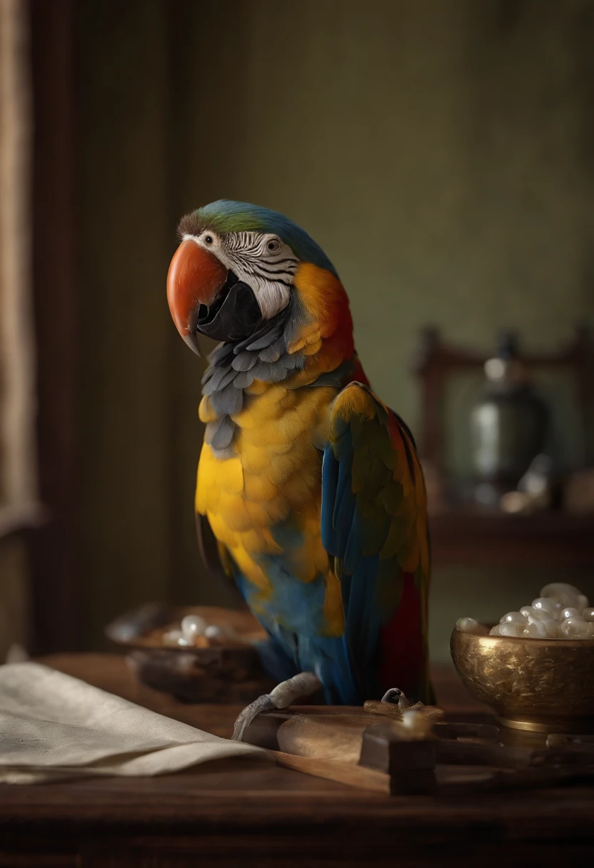 A parrot with a pearl earring, vermeer style, 12K, high quality, HD, octane render