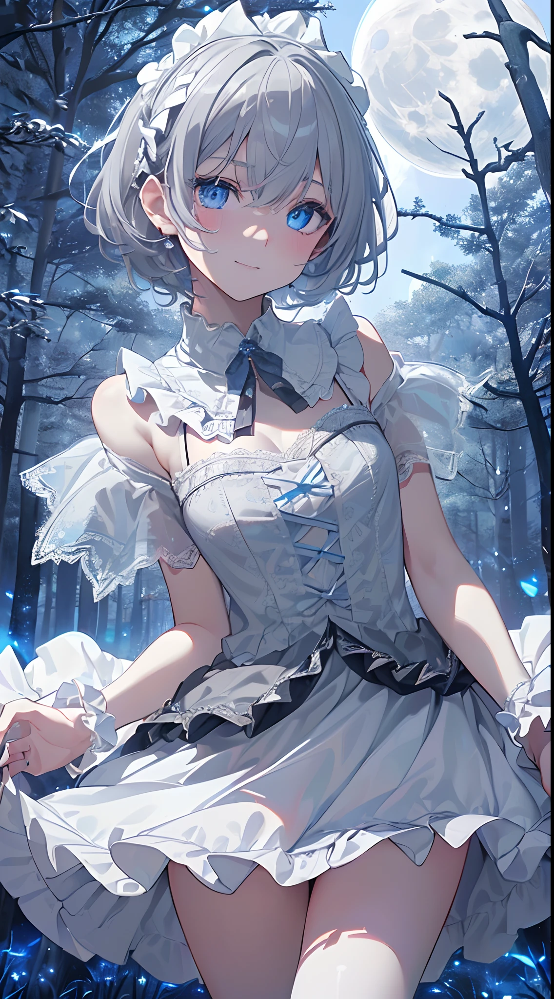 Idol、masterpiece、top-quality、Beautiful expression、absurderes、nffsw、(cowboy shot、White Ruffled Lace Mini Dress、White collar、White ruffle cuff、Particle:1.5)、(bloom、Glow:1.4)、(A smile)、(short gray hair、blue eyess:1.7)、foco nítido、Photorealsitic、hight resolution、highestdetailed、ultra-detailliert、detailed faces and eyes、Sharp pupils、Realistic pupils、foco nítido、 shinny skin、Black corset、(dark forest、a moon、dark backgrounds:1.5)、Rim lighting、Dynamic, Cinematic lighting、(((tucking up the skirt:1.3)))、(((White panties are visible)))、