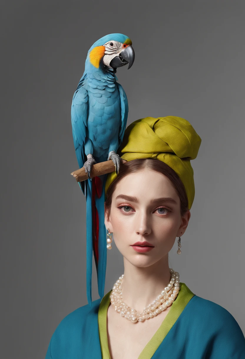 A parrot with a pearl earring, vermeer style, 12K, high quality, HD, octane render