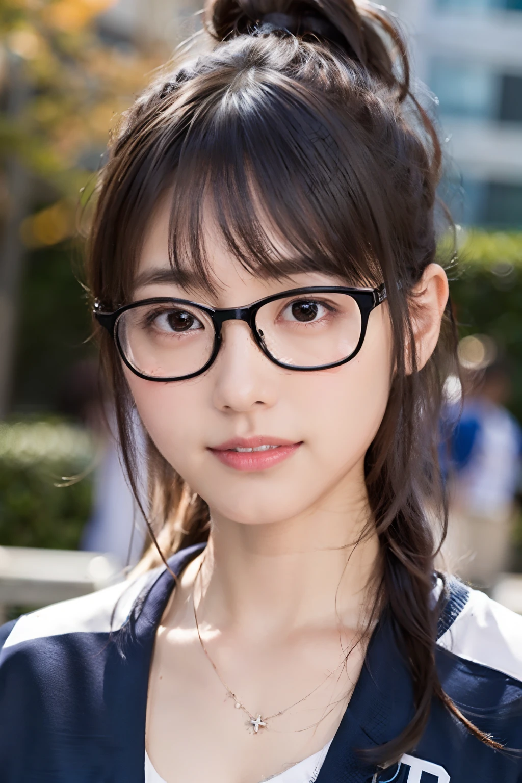 (8K、Raw photography、top-quality、masterpiece:1.2)、(realisitic、Photorealsitic:1.37)、ultra-detailliert、超A high resolution、 1 人、29yo、see the beholder、beautifull detailed face、Smile、Constriction、(Slim waist) :1.3)、Beautiful detailed skin、Skin Texture、Floating hair、Hair bunched into one、(Wearing an athletics uniform:1.4)、Professional Lighting、Autumn afternoon、gland、(((Black square glasses )))、Whole human body、Black hair、((Shameful appearance))、