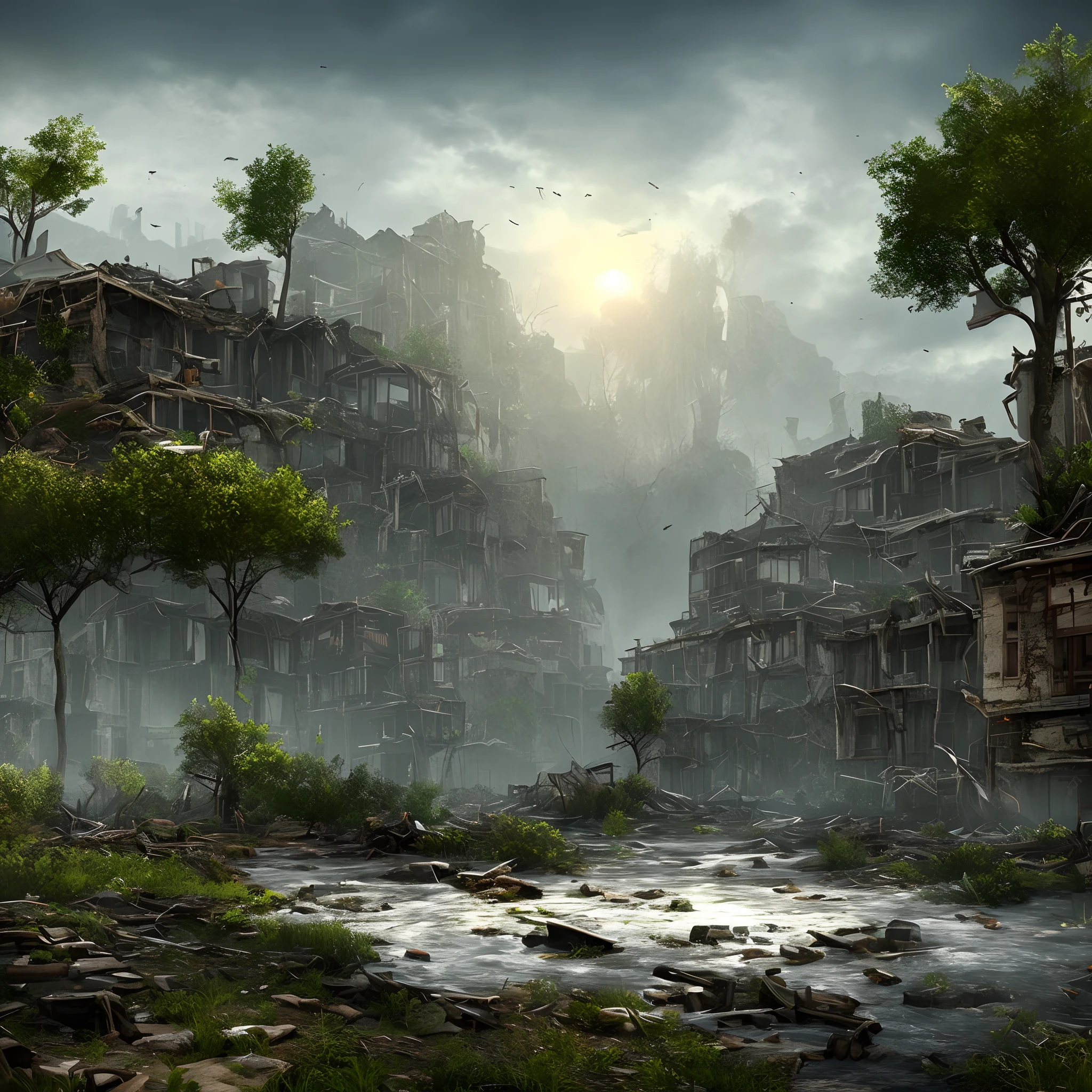 Create a post-apocalyptic scenario,Water floods the earth, There are few trees,Lots of buildings and buildings. Add high-resolution detail,For example, abandoned buildings, Structural cracks, Electrical installation failure, and poor lighting. The scene should have a mysterious and dark tone, There are elements of water and ruins, high resolution, ultra - detailed, Add ships that are used as cities, Ship City, 8K, MUCH QUALITY