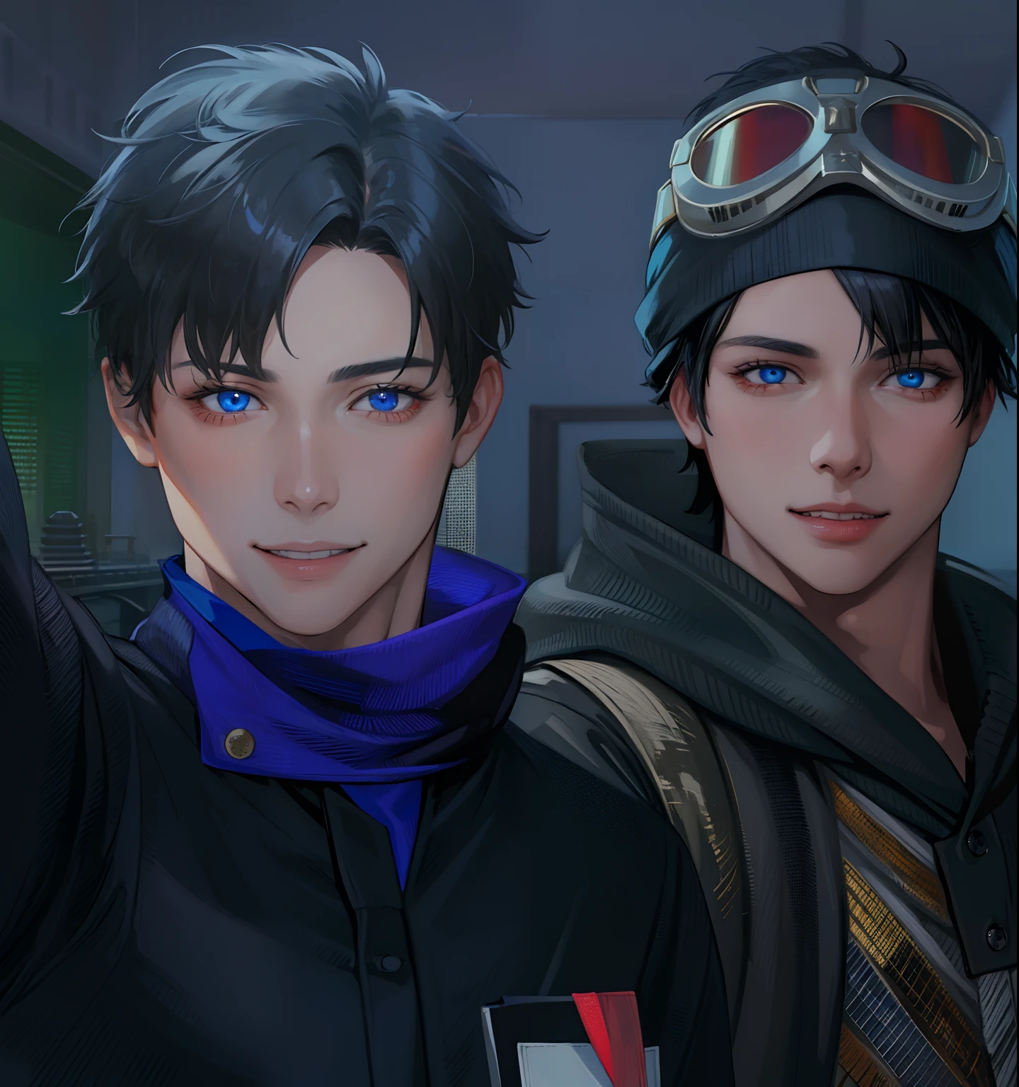 2boy, Gojo, a man with spiky black hair, posing for a picture, white polo shirt, black blindfold, blue eyes, smirking, teeth visible, hand inside pockets, cowboy shot , (masterpiece:1.4),(best quality:1.4),(shiny skin),realistic, east asian architecture background, detailed eyes, detailed face,