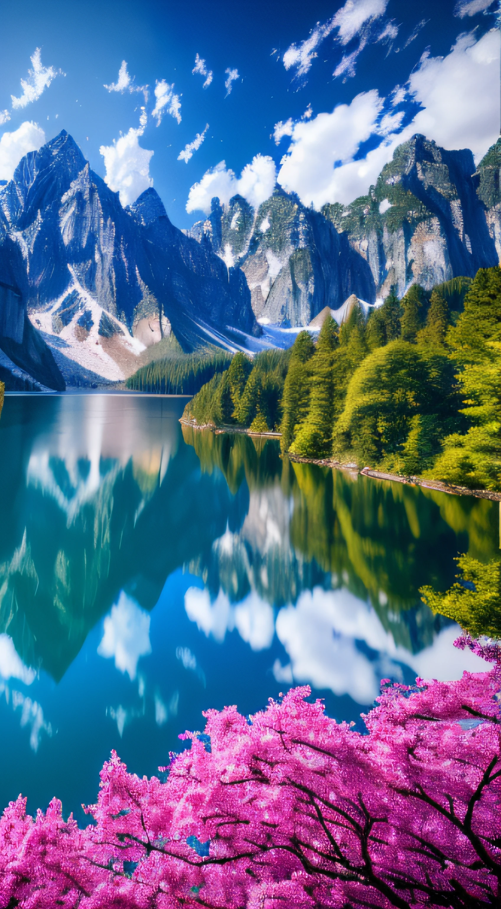 masterpiece, best quality, high quality, extremely detailed CG unity 8k 16:9 wallpaper, scenery, outdoors, sky, cloud, day, no humans, mountain, small birds , lily lake,landscape, water, cherry trees, blue sky, high waterfall, high cliff, nature, lake, river, cloudy sky,award winning photography, Bokeh, Depth of Field, HDR, bloom, Chromatic Aberration ,Photorealistic,extremely detailed, trending on artstation, trending on CGsociety, Intricate, High Detail, dramatic, art by midjourney