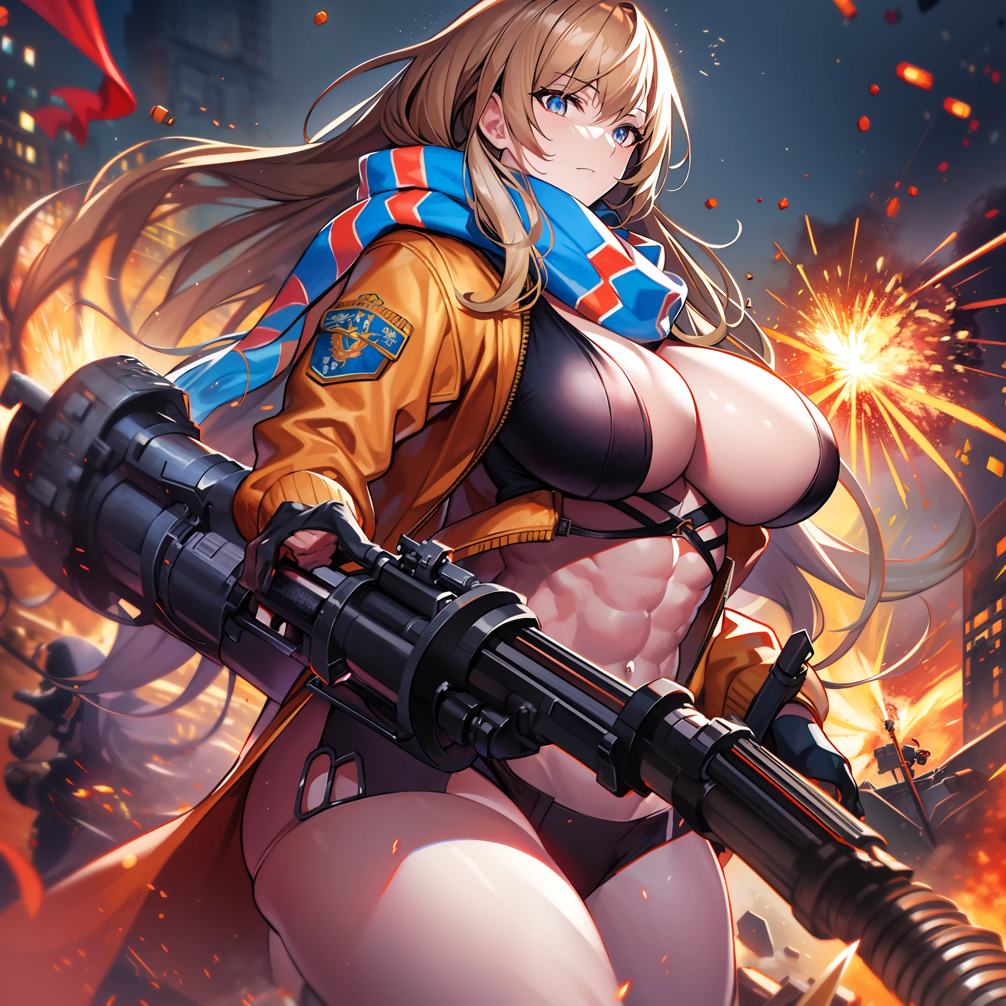 masterpiece++、top-quality++、ultra-definition++、ultra-definition++、4k++、8k++、from side、(Background Focus)++、((1))++、Sexily dressed woman casts a spell of muscular big breasts soldier wearing orange jacket and grey scarf with ammo belt and Gatling gun on a battlefield with explosions and sparks that destroy a city、Rune of a muscular colossal breasts soldier wearing an orange jacket and gray scarf with an ammunition belt and Gatling gun on a battlefield with explosions and sparks、The magic of a muscular colossal breasts soldier wearing an orange jacket and gray scarf with an ammunition belt and Gatling gun on a battlefield with explosions and sparks、Muscular Colossal Soldier Wearing Orange Jacket and Grey Muffler Holding Ammunition Belt and Gatling Gun on Battlefield with Explosions and Sparks Flying Over、Muscular colossal breasts military sorcerer wearing orange jacket and gray scarf with ammunition belt and Gatling gun on battlefield with explosions and sparks、Muscular colossal breasts military goddess wearing orange jacket and gray scarf with ammunition belt and Gatling gun on battlefield with explosions and sparks、detailed fantasy art、fantasy art style、Muscular Colossal Soldier Witch Wearing Orange Jacket and Grey Muffler With Ammunition Belt and Gatling Gun on Battlefield with Beautiful Ancient Explosions and Sparks、Colossal queen of muscular big breasts soldier wearing orange jacket and gray scarf with ammunition belt and Gatling gun on battlefield with explosions and sparks、Fantasy Art Behans、Muscular colossal breasts military magician wearing orange jacket and gray scarf with ammunition belt and Gatling gun on battlefield with beautiful explosions and sparks、Muscular colossal breasts military magician wearing orange jacket and gray scarf with ammunition belt and Gatling gun on battlefield with beautiful explosions and sparks、Shards of muscular big breasts soldier wearing orange jacket and gray scarf with ammunition belt and Gatling gun on battlefield with shin