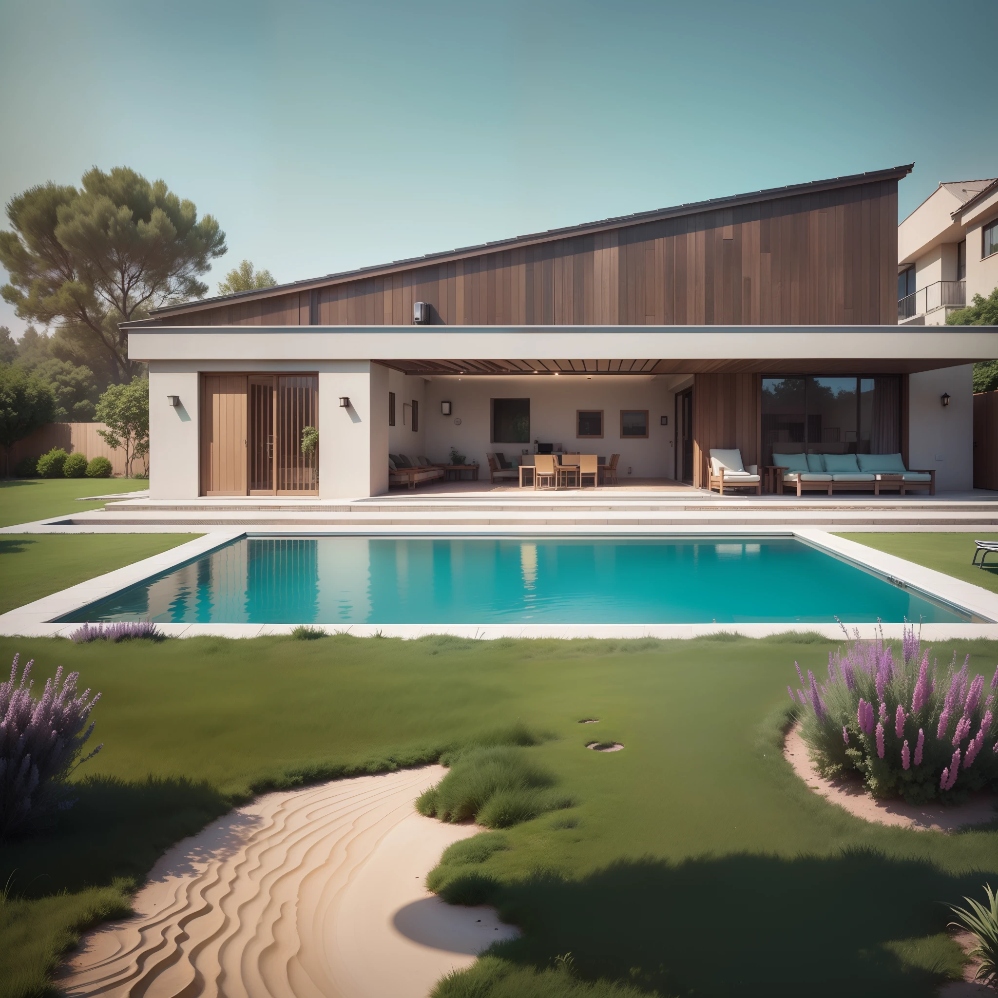 Organic modern architecture on a fairly large plot, From , there is a swimming pool in the middle of a large house of a flower, color of the house in chocolate brown and black beams, large modern residence, flat roofs and garden, render luxcore, render oktane, photoreal render, building rendering, mantra rendering, building rendering, Realistic rendering, archviz, wellness pool, archviz, large green zones, with small zones of lavender flowers, green shrubs type lush green garden, as well as small water mirrors, swimming pool embedded in an area of sand, olive and pine trees around the house, paddle court next to the house
