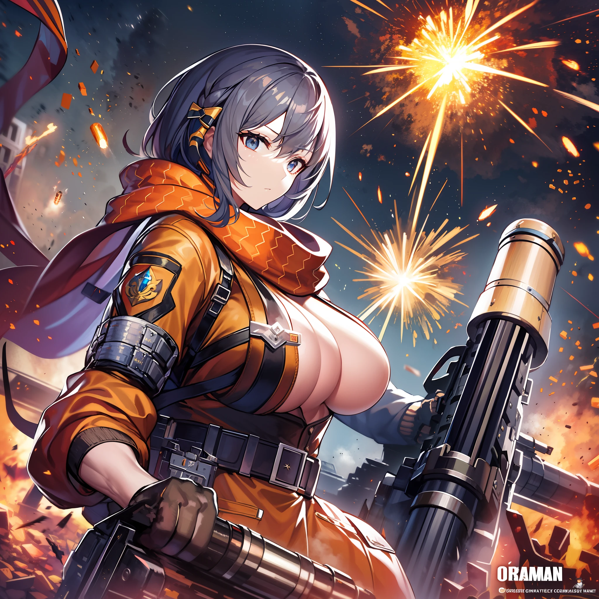 masterpiece++、top-quality++、ultra-definition++、ultra-definition++、4k++、8k++、from side、(Background Focus)++、((1))++、Sexily dressed woman casts a spell of muscular big breasts soldier wearing orange jacket and grey scarf with ammo belt and Gatling gun on a battlefield with explosions and sparks that destroy a city、Rune of a muscular colossal breasts soldier wearing an orange jacket and gray scarf with an ammunition belt and Gatling gun on a battlefield with explosions and sparks、The magic of a muscular colossal breasts soldier wearing an orange jacket and gray scarf with an ammunition belt and Gatling gun on a battlefield with explosions and sparks、Muscular Colossal Soldier Wearing Orange Jacket and Grey Muffler Holding Ammunition Belt and Gatling Gun on Battlefield with Explosions and Sparks Flying Over、Muscular colossal breasts military sorcerer wearing orange jacket and gray scarf with ammunition belt and Gatling gun on battlefield with explosions and sparks、Muscular colossal breasts military goddess wearing orange jacket and gray scarf with ammunition belt and Gatling gun on battlefield with explosions and sparks、detailed fantasy art、fantasy art style、Muscular Colossal Soldier Witch Wearing Orange Jacket and Grey Muffler With Ammunition Belt and Gatling Gun on Battlefield with Beautiful Ancient Explosions and Sparks、Colossal queen of muscular big breasts soldier wearing orange jacket and gray scarf with ammunition belt and Gatling gun on battlefield with explosions and sparks、Fantasy Art Behans、Muscular colossal breasts military magician wearing orange jacket and gray scarf with ammunition belt and Gatling gun on battlefield with beautiful explosions and sparks、Muscular colossal breasts military magician wearing orange jacket and gray scarf with ammunition belt and Gatling gun on battlefield with beautiful explosions and sparks、Shards of muscular big breasts soldier wearing orange jacket and gray scarf with ammunition belt and Gatling gun on battlefield with shin