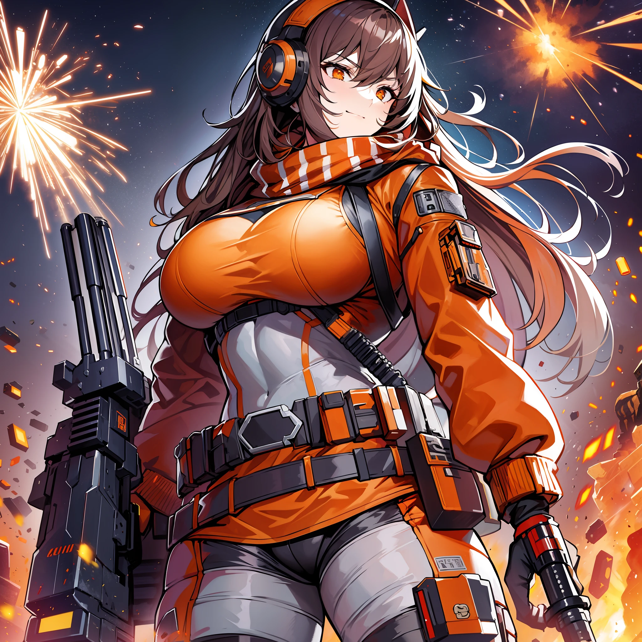masterpiece++、top-quality++、ultra-definition++、ultra-definition++、4k++、8k++、from side、(Background Focus)++、((1))++、Sexily dressed woman casts a spell of muscular big breasts soldier wearing orange jacket and grey scarf with ammo belt and Gatling gun on a battlefield with explosions and sparks that destroy a city、Rune of a muscular colossal breasts soldier wearing an orange jacket and gray scarf with an ammunition belt and Gatling gun on a battlefield with explosions and sparks、The magic of a muscular colossal breasts soldier wearing an orange jacket and gray scarf with an ammunition belt and Gatling gun on a battlefield with explosions and sparks、Muscular Colossal Soldier Wearing Orange Jacket and Grey Muffler Holding Ammunition Belt and Gatling Gun on Battlefield with Explosions and Sparks Flying Over、Muscular colossal breasts military sorcerer wearing orange jacket and gray scarf with ammunition belt and Gatling gun on battlefield with explosions and sparks、Muscular colossal breasts military goddess wearing orange jacket and gray scarf with ammunition belt and Gatling gun on battlefield with explosions and sparks、detailed fantasy art、fantasy art style、Muscular Colossal Soldier Witch Wearing Orange Jacket and Grey Muffler With Ammunition Belt and Gatling Gun on Battlefield with Beautiful Ancient Explosions and Sparks、Colossal queen of muscular big breasts soldier wearing orange jacket and gray scarf with ammunition belt and Gatling gun on battlefield with explosions and sparks、Fantasy Art Behans、Muscular colossal breasts military magician wearing orange jacket and gray scarf with ammunition belt and Gatling gun on battlefield with beautiful explosions and sparks、Muscular colossal breasts military magician wearing orange jacket and gray scarf with ammunition belt and Gatling gun on battlefield with beautiful explosions and sparks、Shards of muscular big breasts soldier wearing orange jacket and gray scarf with ammunition belt and Gatling gun on battlefield with shin