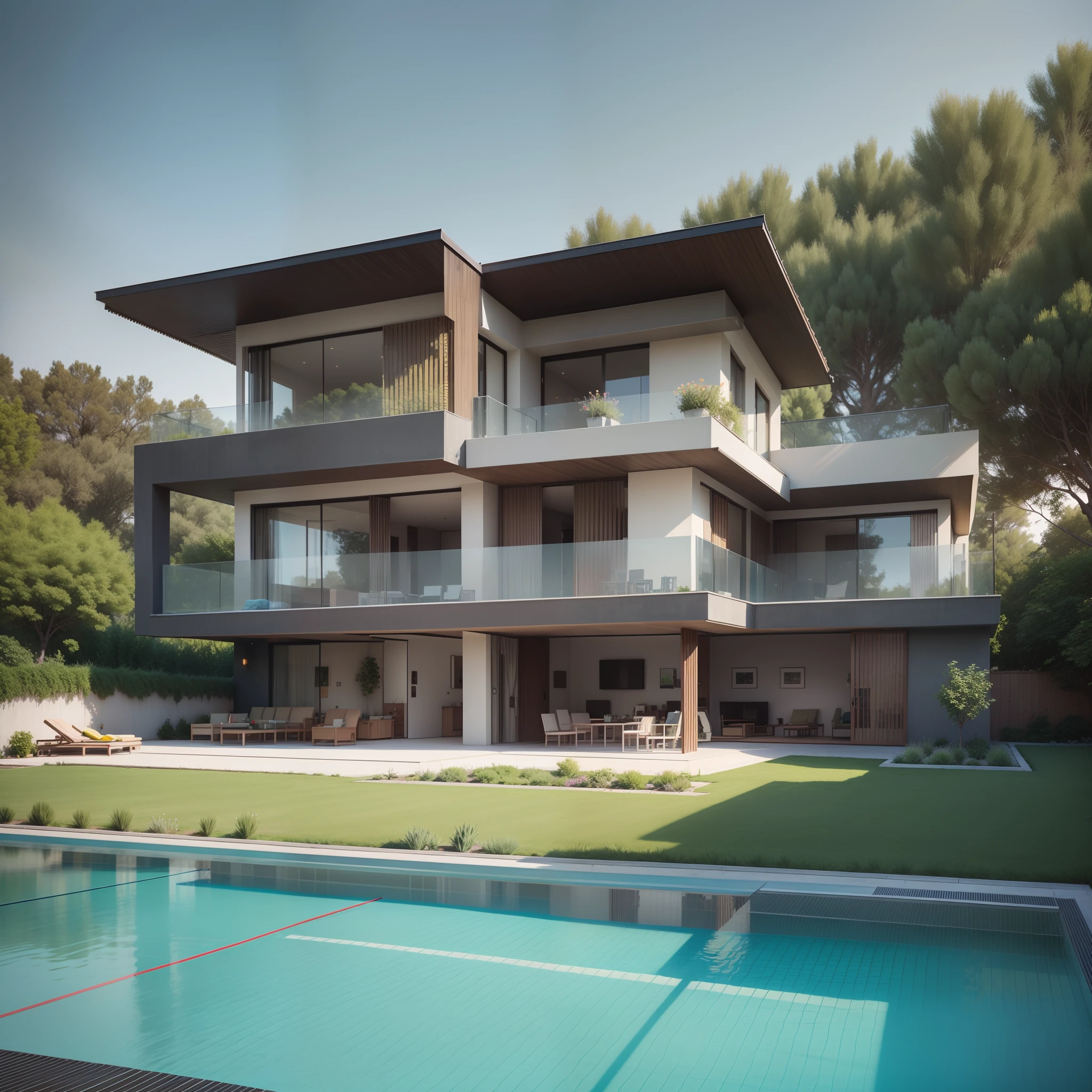 Organic modern architecture on a fairly large plot, From , there is a swimming pool in the middle of a large house of a flower, color of the house in chocolate brown and black beams, large modern residence, flat roofs and garden, render luxcore, render oktane, photoreal render, building rendering, mantra rendering, building rendering, Realistic rendering, archviz, wellness pool, archviz, large green zones, with small zones of lavender flowers, green shrubs type lush green garden, as well as small water mirrors, swimming pool embedded in an area of sand, olive and pine trees around the house, paddle court next to the house