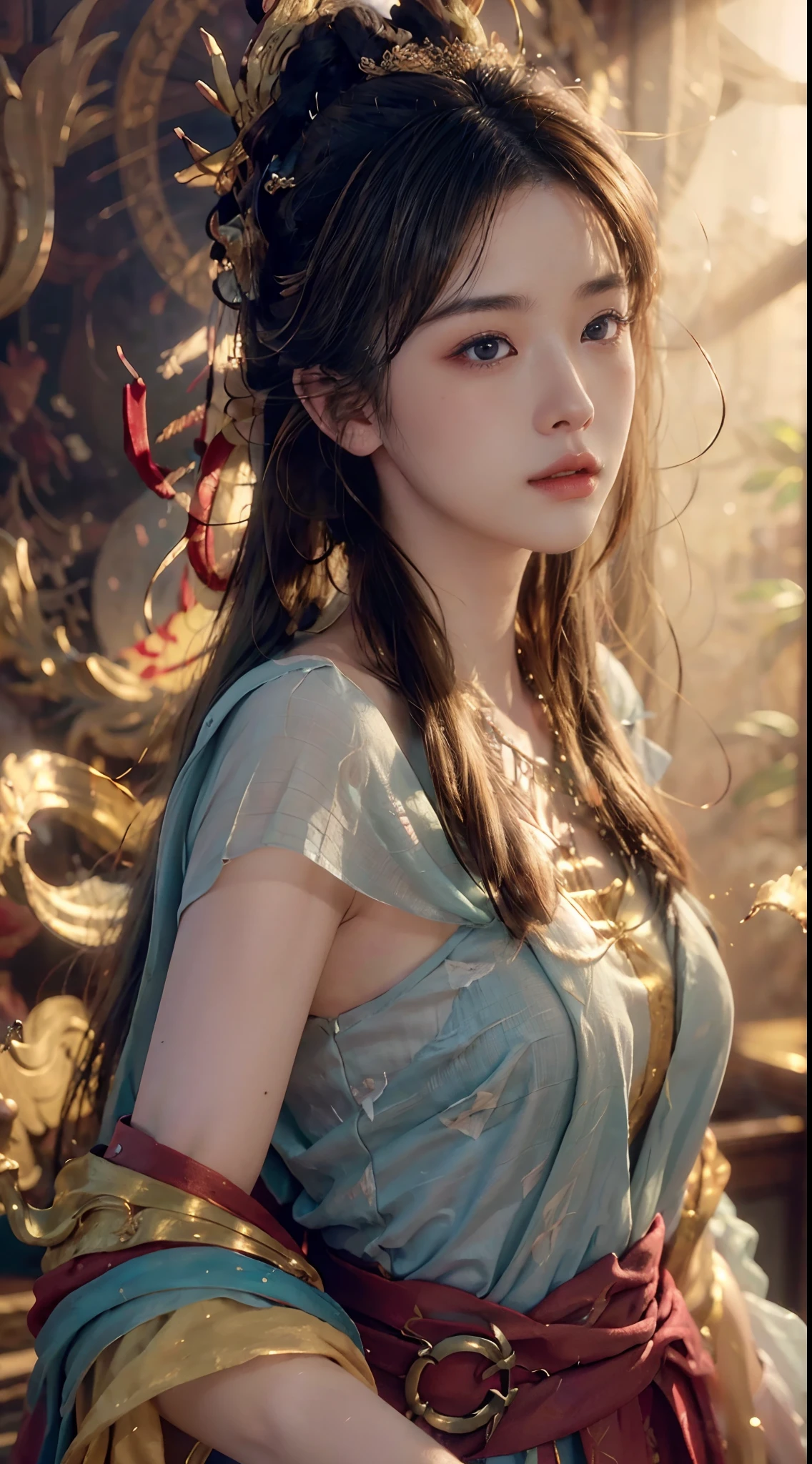 (RAW photo, best quality), (realistic, photo-realistic:1.3),best quality,highly detailed,masterpiece,ultra-detailed,illustration,1girl,upper_body,dynamic angle,world masterpiece theater,messy_long_hair,best quality,extremely detailed CG unity 8k wallpaper,ink,Amazing,cinematic lighting,lens_flare, dunhuang_style