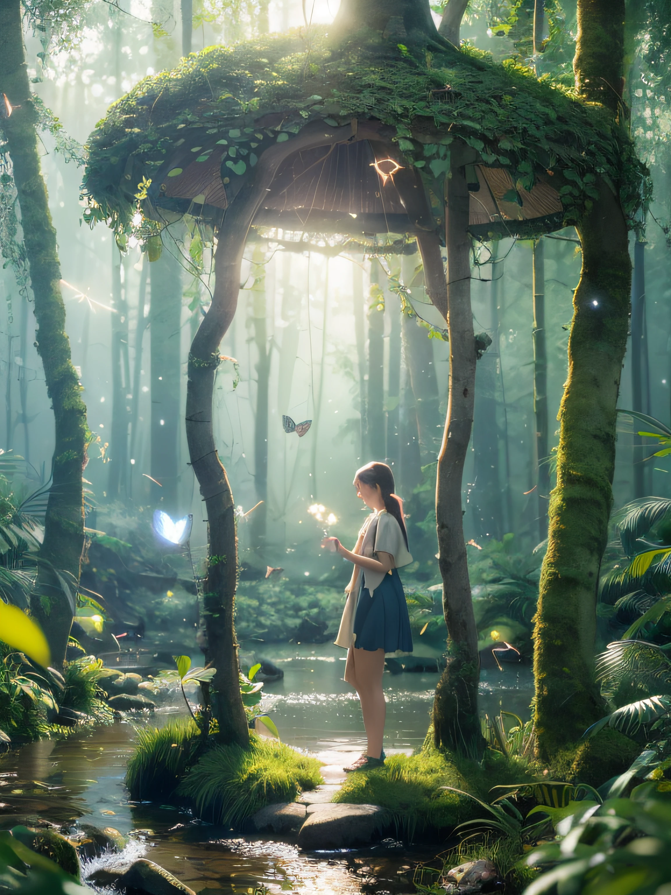 Masterpiece, best quality, extremely beautiful reflection, best reflection. (Very detailed CG unity 8k wallpaper), (best quality), (best illustration), (best shadow), girl, silk, slime, delicate makeup, forest theme with natural elements. Tall trees, quiet streams, glowing small mushrooms, surrounded by delicate leaves and branches, and fireflies and glowing particle effects, (natural elements), (jungle theme), (leaves), (branches), (fireflies), butterflies, (delicate leaves), (glow), (particle effects). , isometric 3D, Octane rendering, ray tracing, super detailed