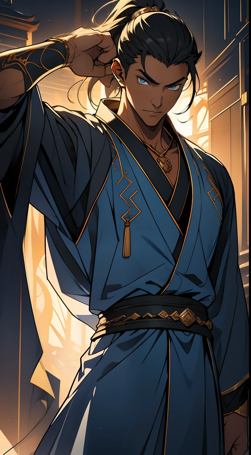 quadratic element,style of anime,mtu(Male Warrior),The proportions are correct,Face details,swordsmen,High ponytail hairstyle,Neck details,There is an Adam's apple,Blue suit,kaftan,long blue robes,clothes details,Handing over,longer sleeves,Game quality,Swordsmanship,Light and shadow tracking,Ray traching,detailed glow,cg render,hair detail,Black long hair,blue colored eyes,Handsome,Handsome,(juvenile sense),Clothing is complicated,Perfectcomposition,Refinement,high qulity,higher details,Lots of details,The background is complex,a sense of atmosphere,
